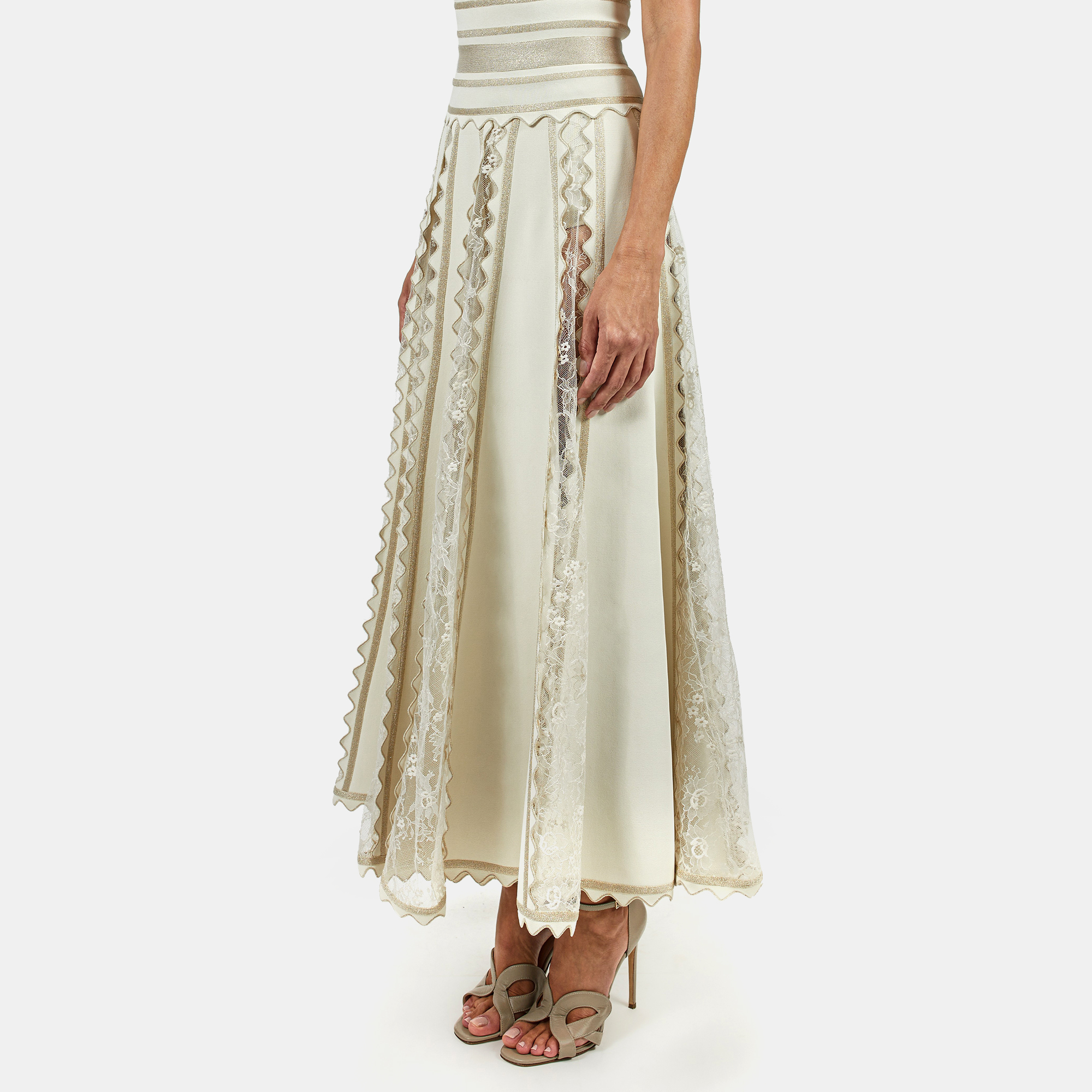 

Elie Saab Cream Knit & Lace Inset Flare Midi Skirt