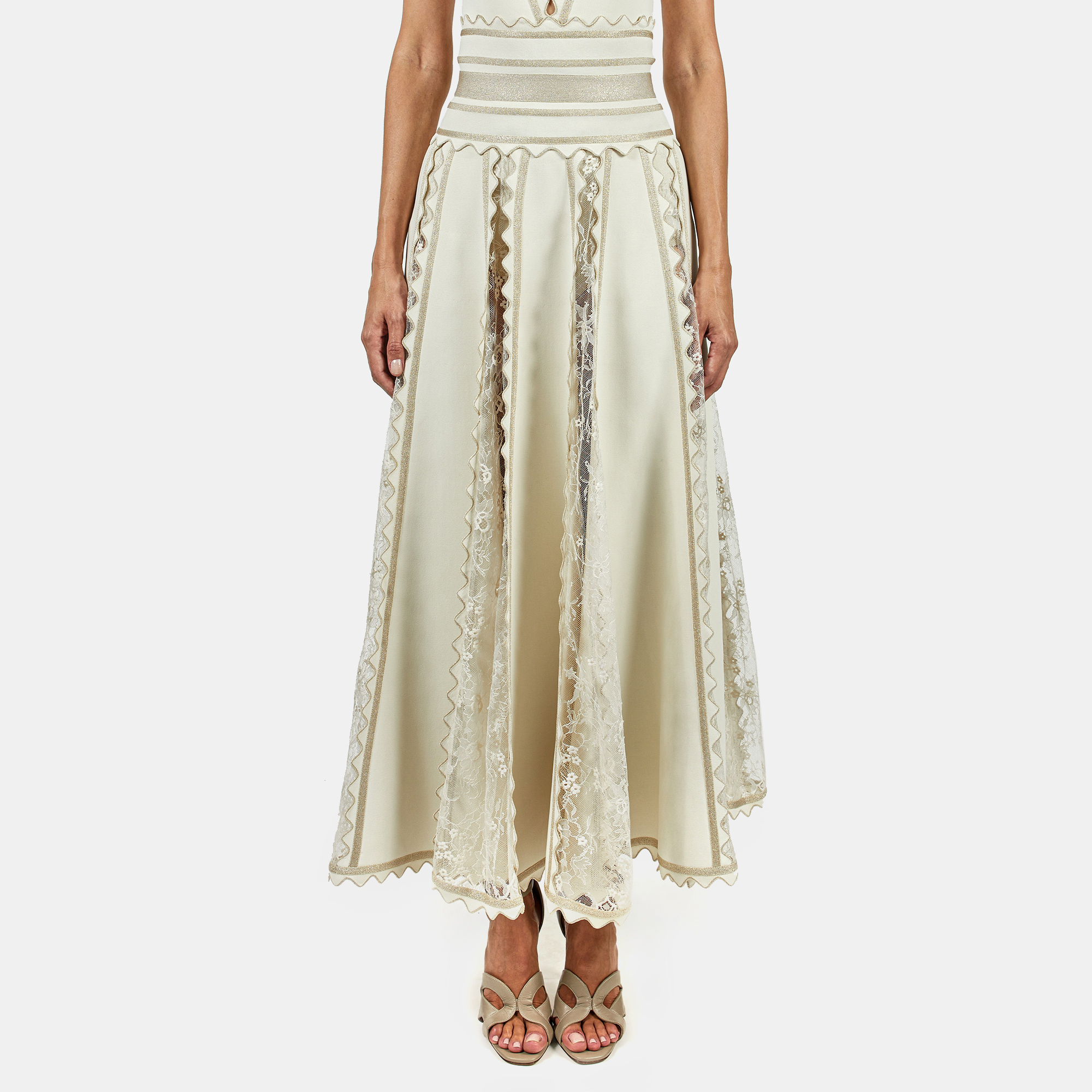 Pre-owned Elie Saab Cream Knit & Lace Inset Flare Midi Skirt M