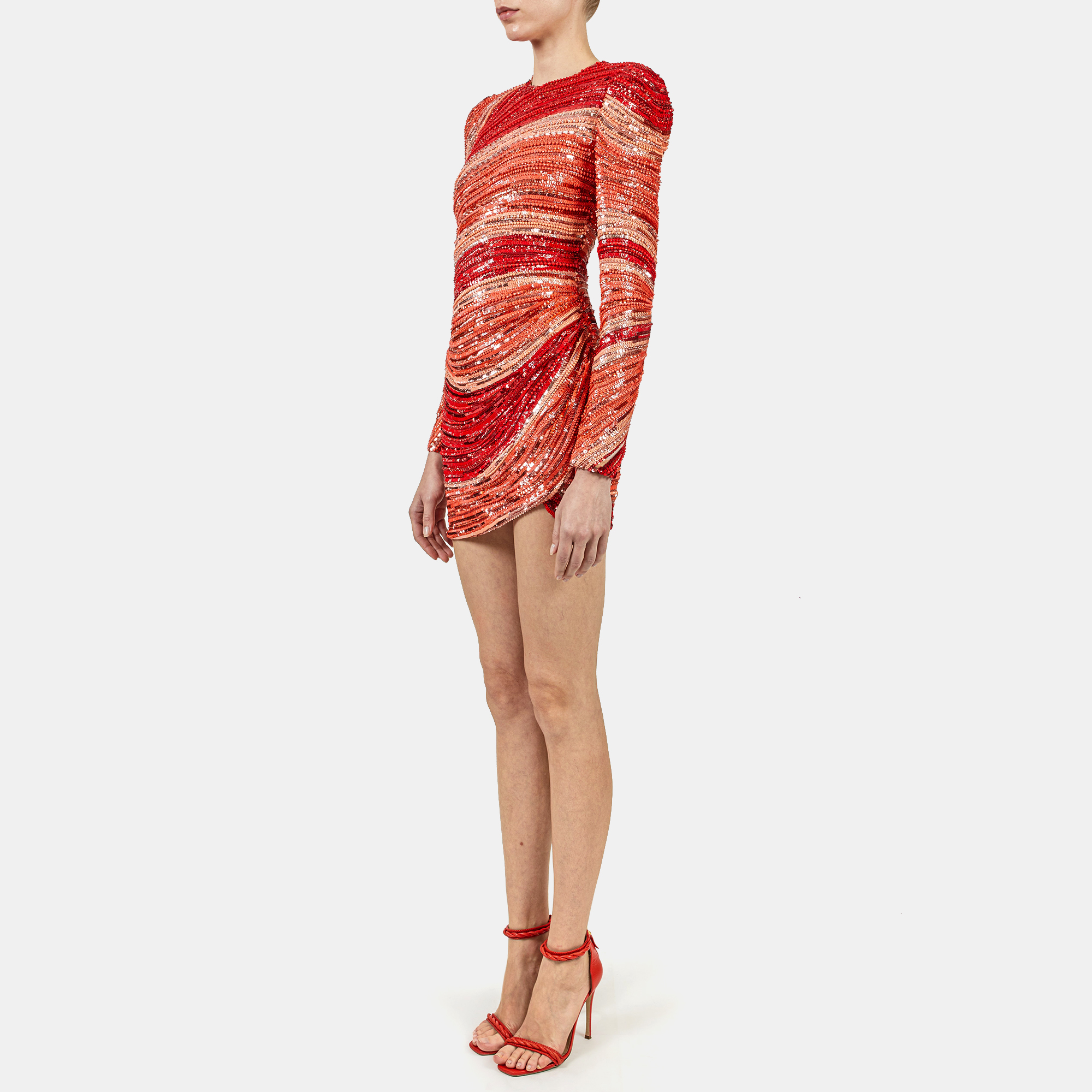 

Elie Saab Vibrant Spirals Beaded Embroidered Long Sleeve Mini Dress, Red
