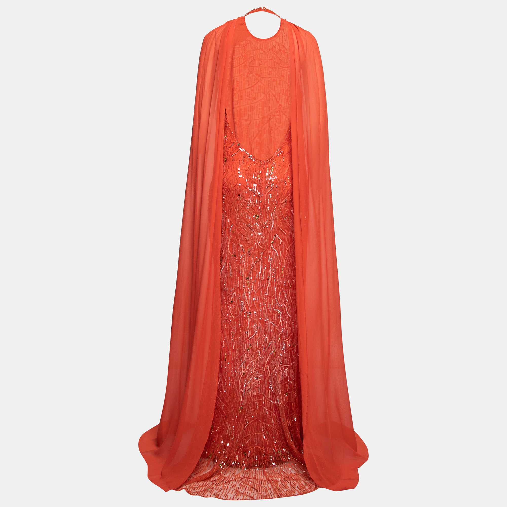 

Elie Saab Sunset Orange Beaded Embroidered Halter Neck Long Dress