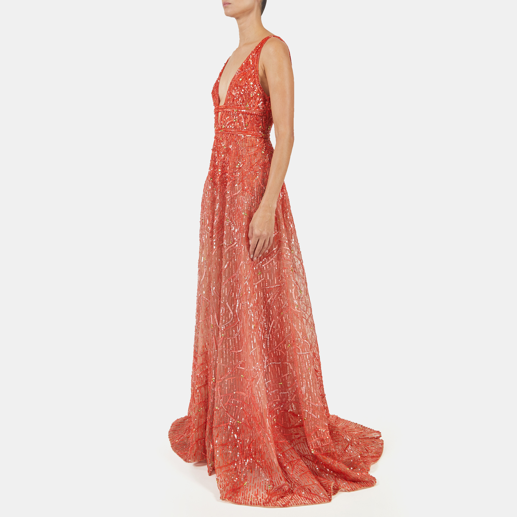 

Elie Saab Sunset Orange Embellished V Neck Sleeveless Gown