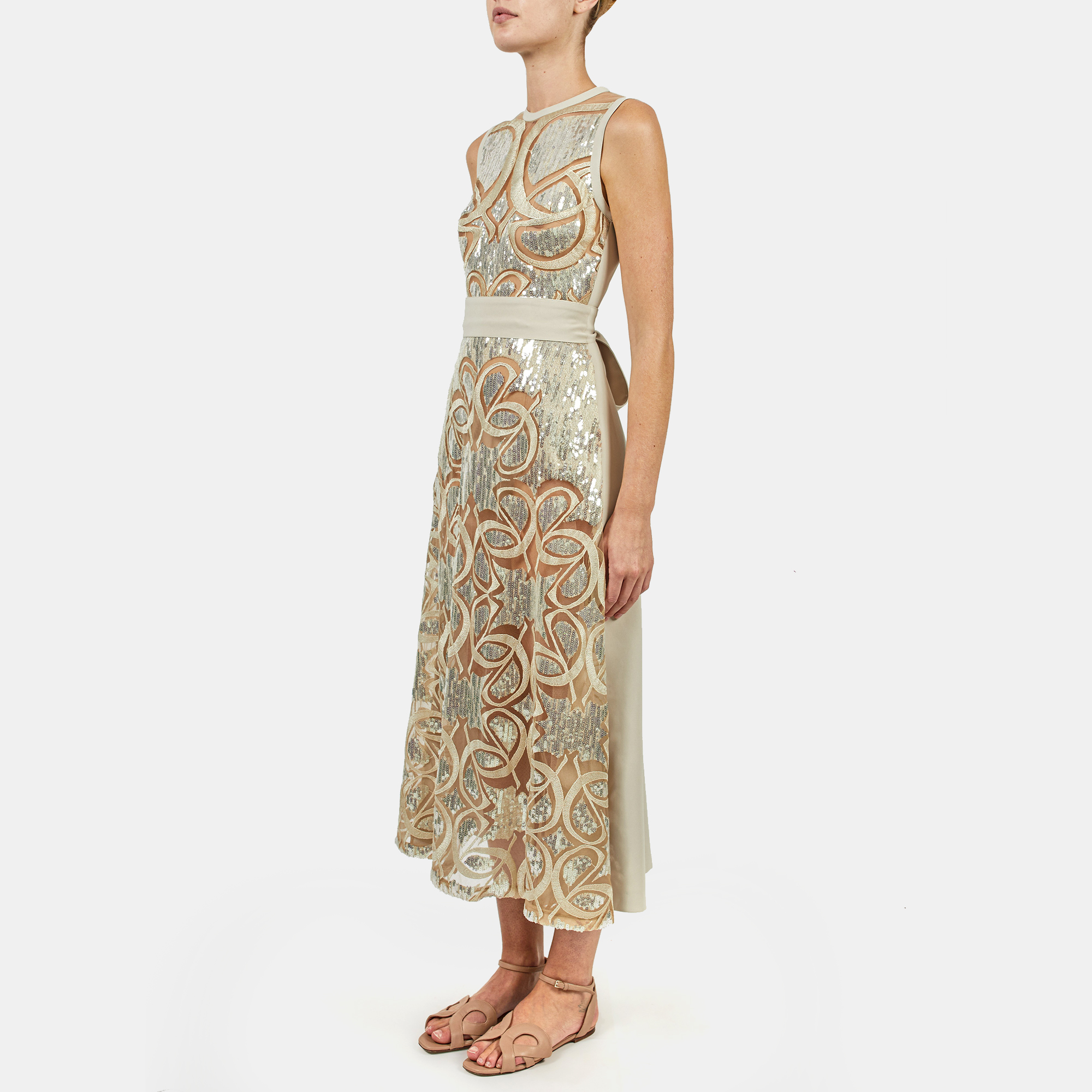 

Elie Saab Castle Wall Sequins Embellished High Neck Sleeveless Midi Dress, Beige