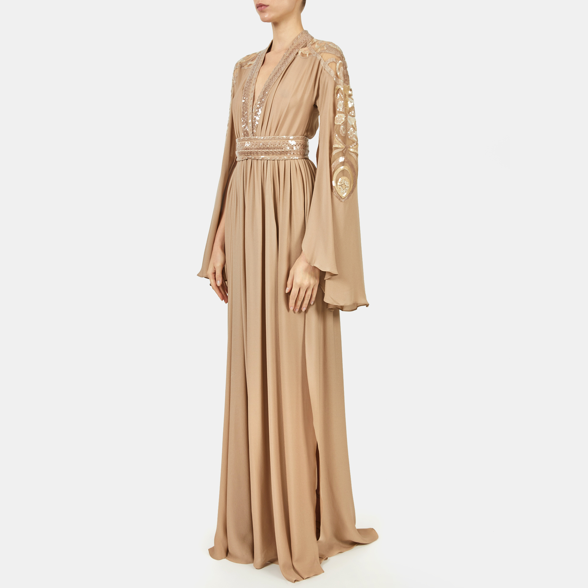 

Elie Saab Sahara Taupe Silk V Neck Maxi Dress, Beige