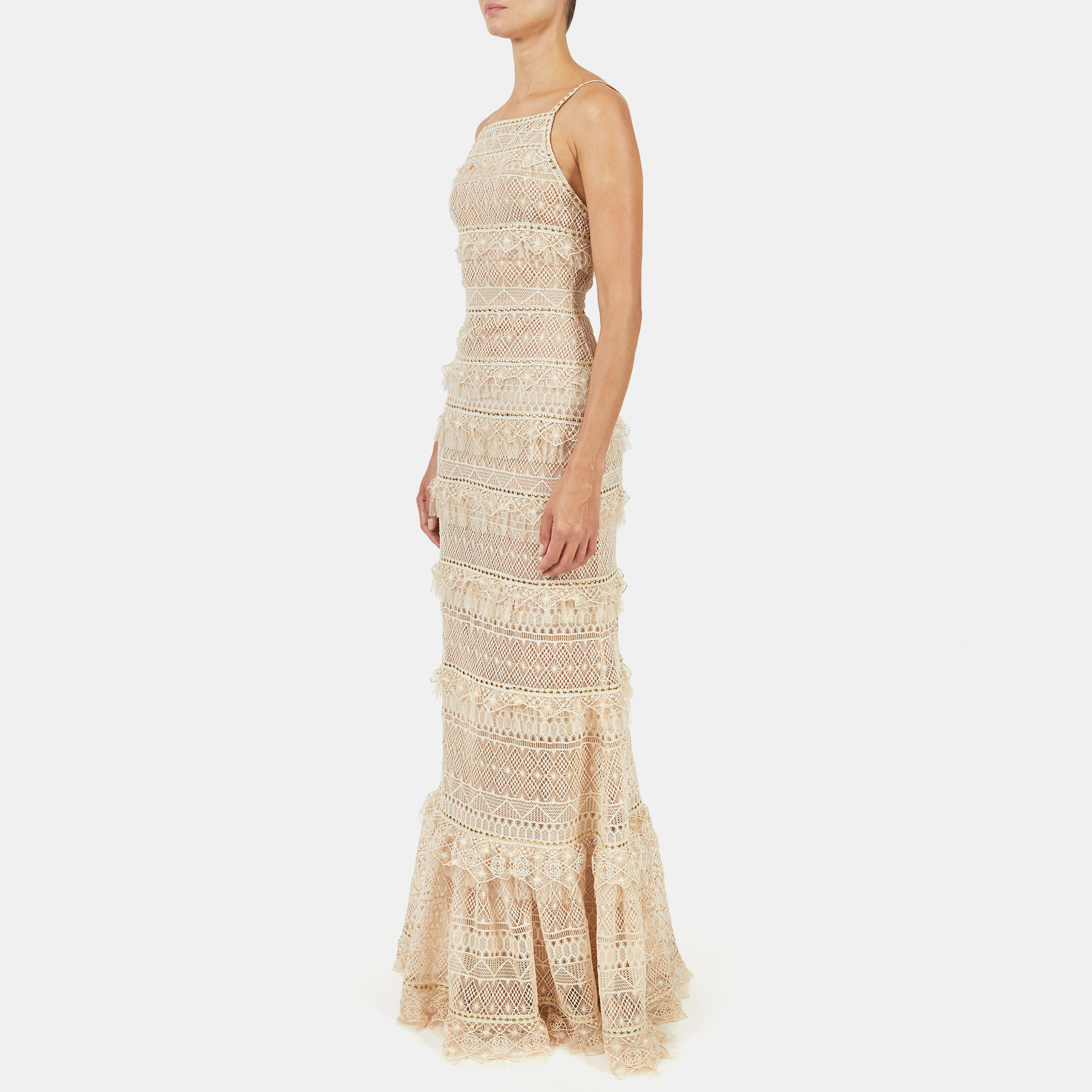 

Elie Saab Castle Wall Macrame Lace Paneled Long Dress, Beige