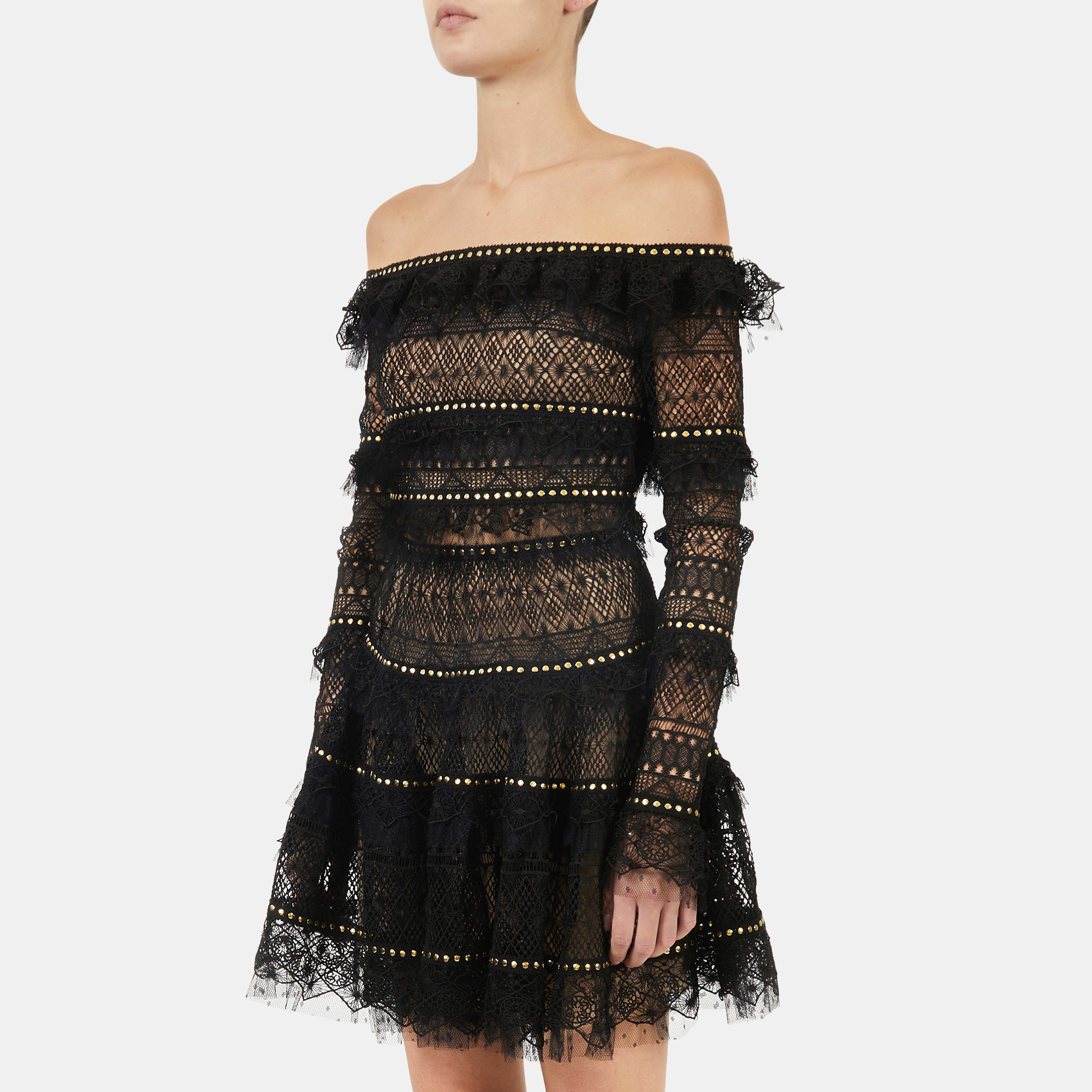 

Elie Saab Black Macrame Long Sleeve Off Shoulder Ruffle Top