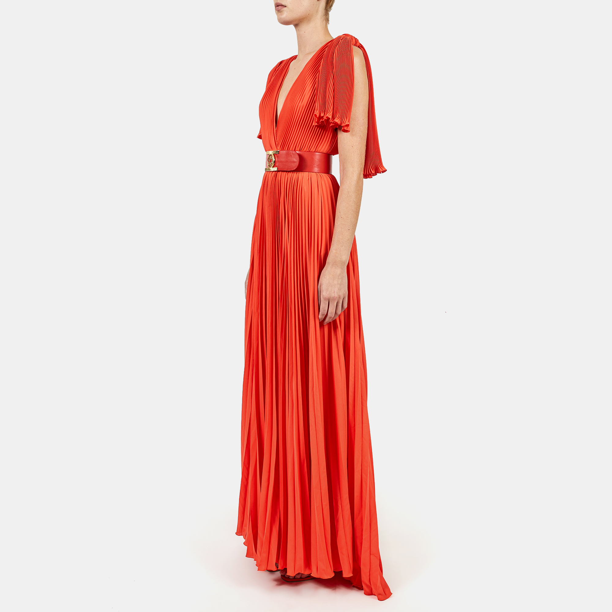 

Elie Saab Sunset Orange Crepe Plisse Deep V Neck Long Dress