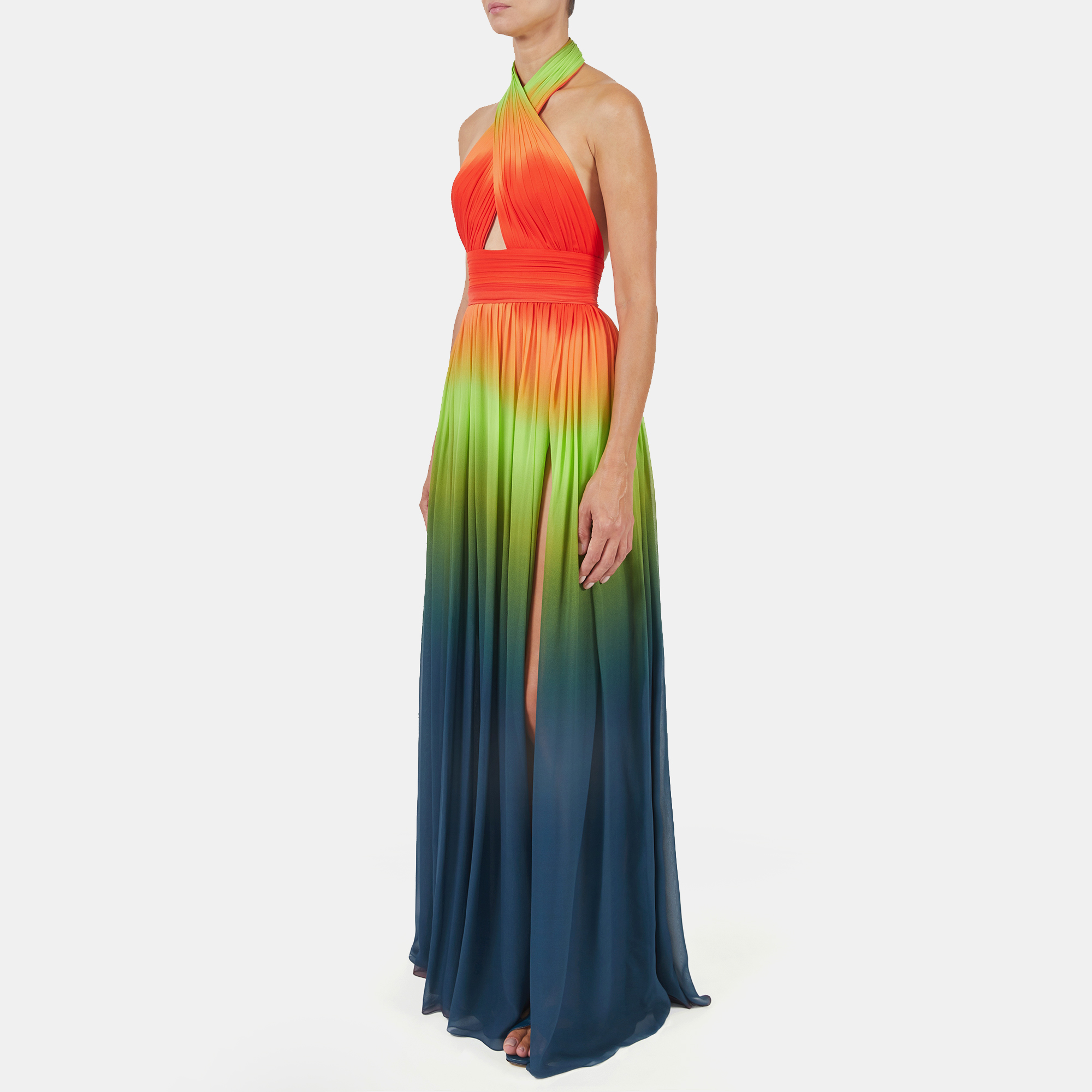 

Elie Saab Color Horizon Printed Silk Halter Neck High Slit Long Dress, Multicolor