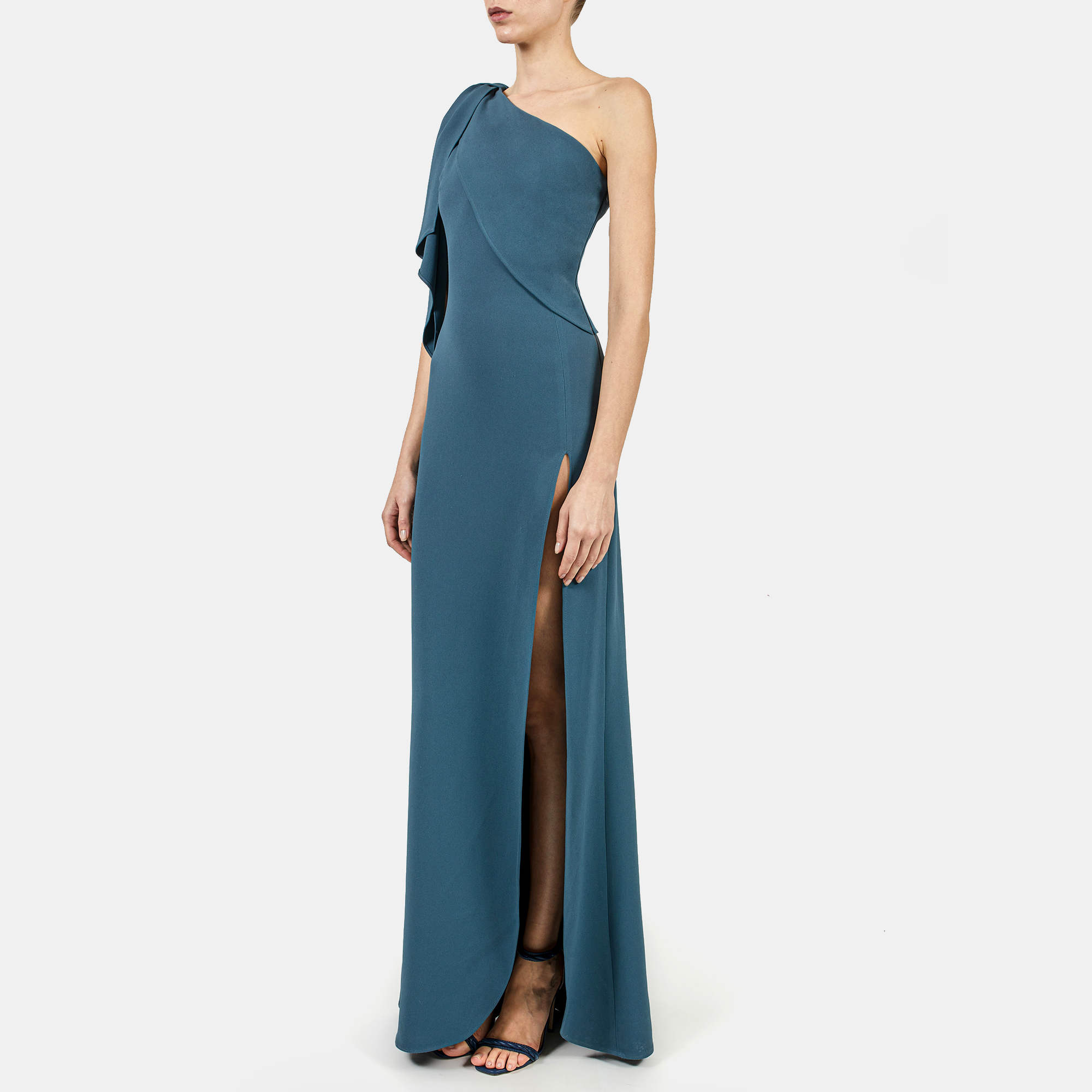 

Elie Saab Orion Blue One Shoulder Side Slit Ruffled Dress