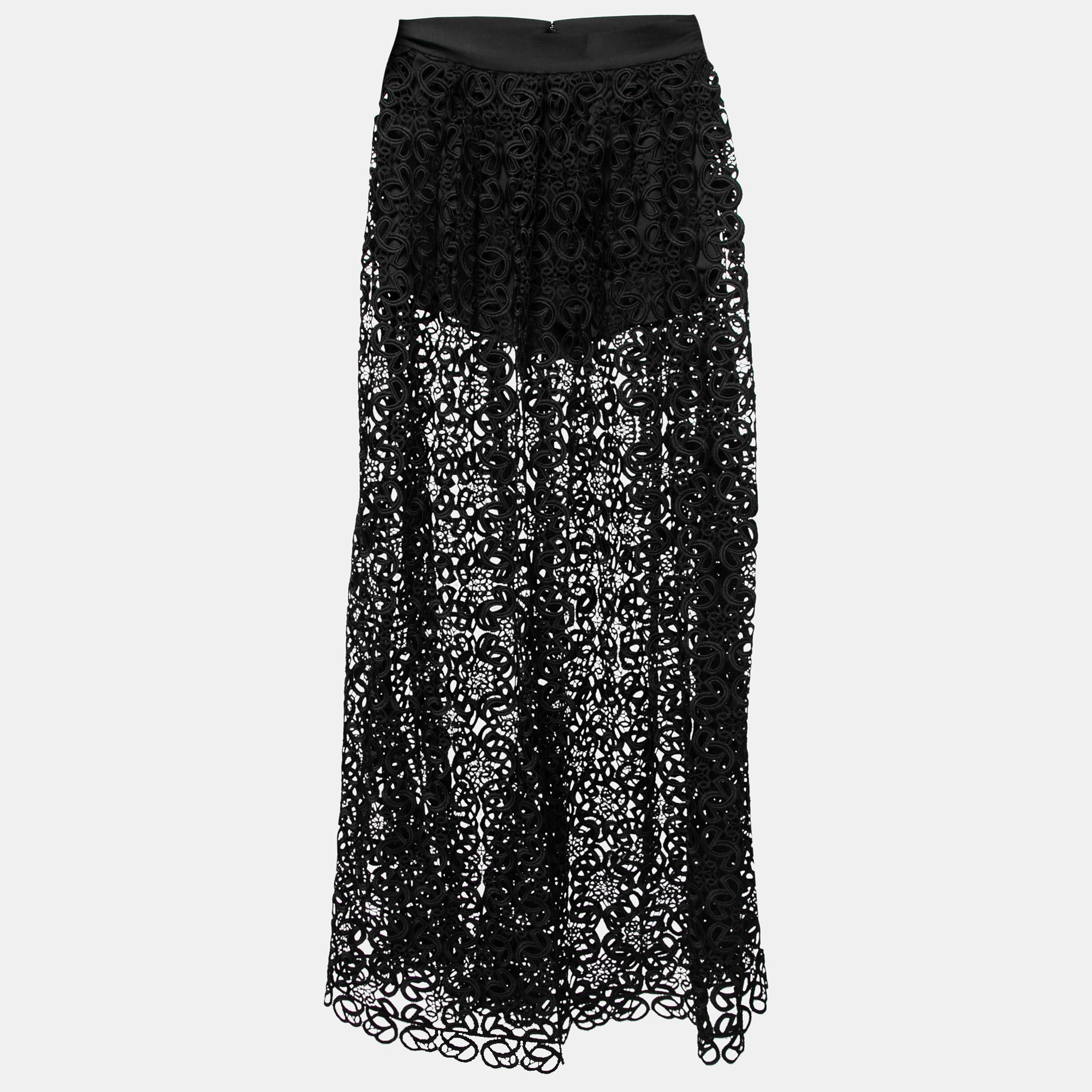 

Elie Saab Black Macrame Lace Gathered Long Skirt