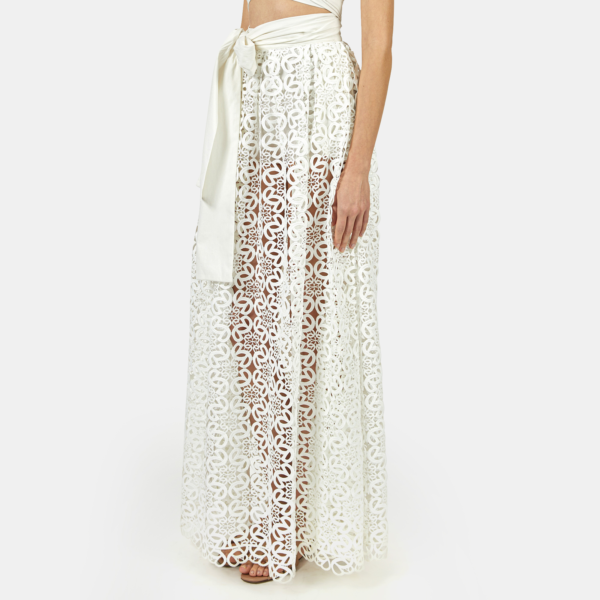 

Elie Saab White Macrame Lace Gathered Long Skirt