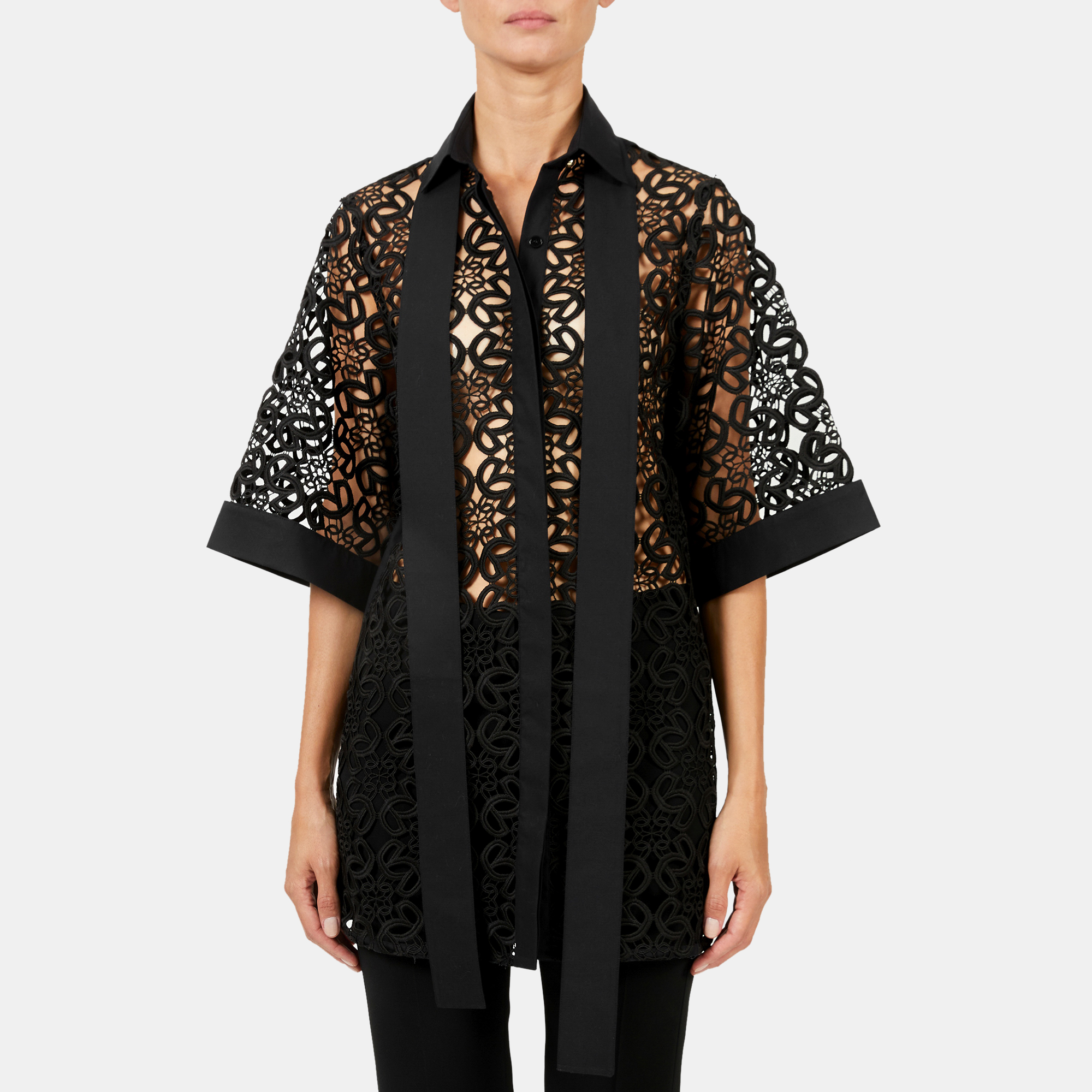Pre Owned Elie Saab Black Macrame Lace Short Sleeve Buttoned Down Shirt L