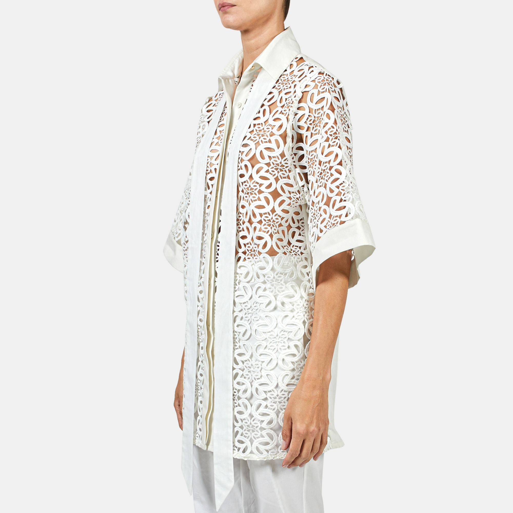 

Elie Saab White Macrame Lace Short Sleeve Buttoned Down Shirt