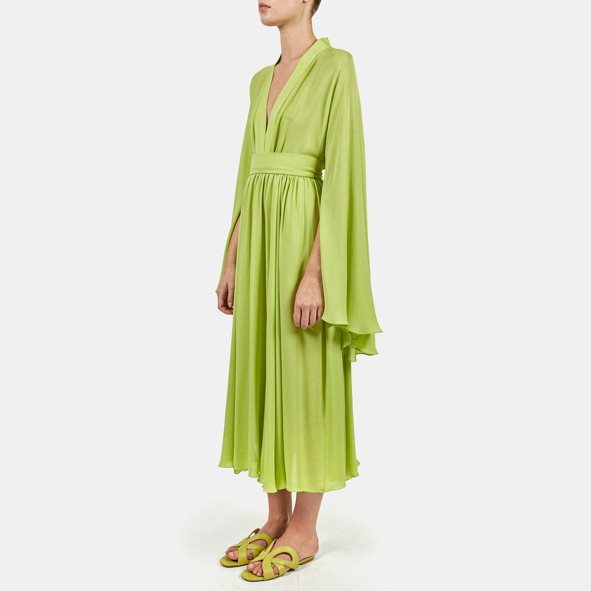 

Elie Saab Lime Silk Bell Sleeve V Neck Midi Dress, Green