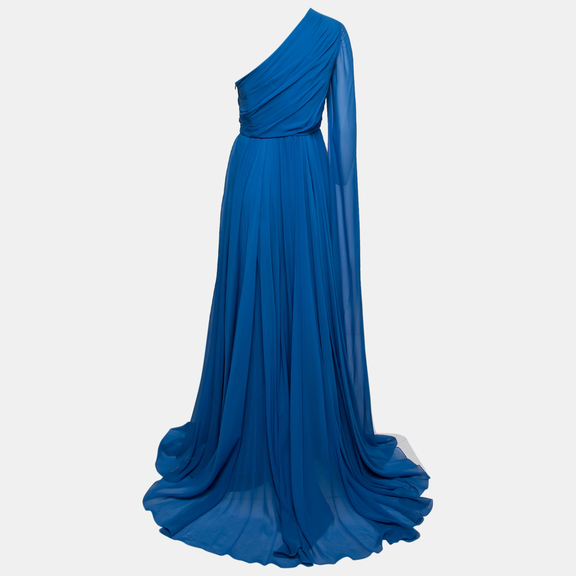 

Elie Saab Ocean Blue Silk Chiffon One Shoulder Long Dress