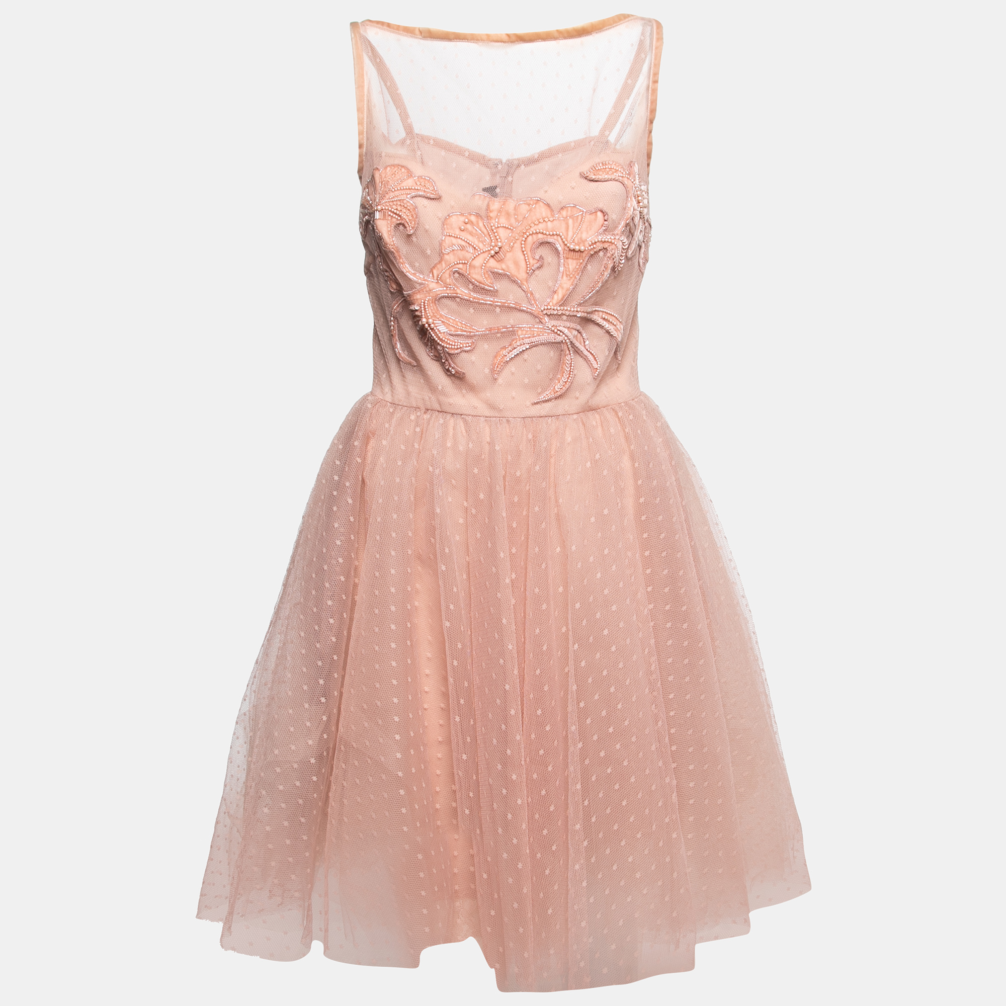 Pre-owned Elie Saab Light Dotted Tulle Embellished Mini Flared Dress L In Pink