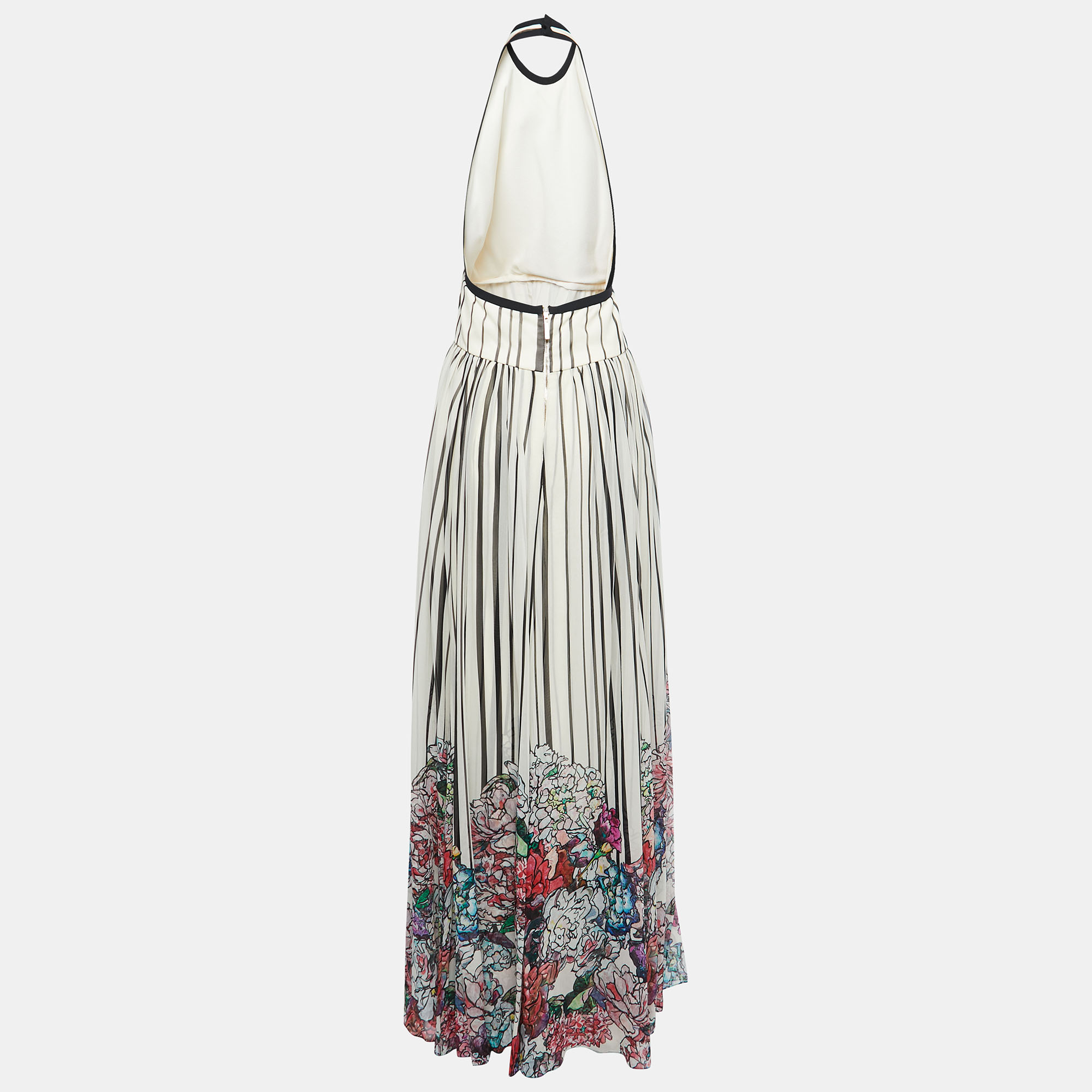 

Elie Saab White Striped Floral Printed Chiffon Silk Open Back Maxi Dress