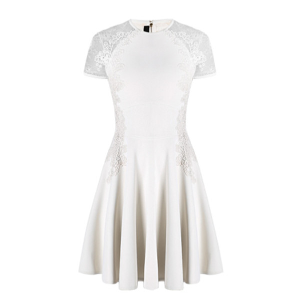 Pre Owned Elie Saab White Lace Short-Sleeved Dress S