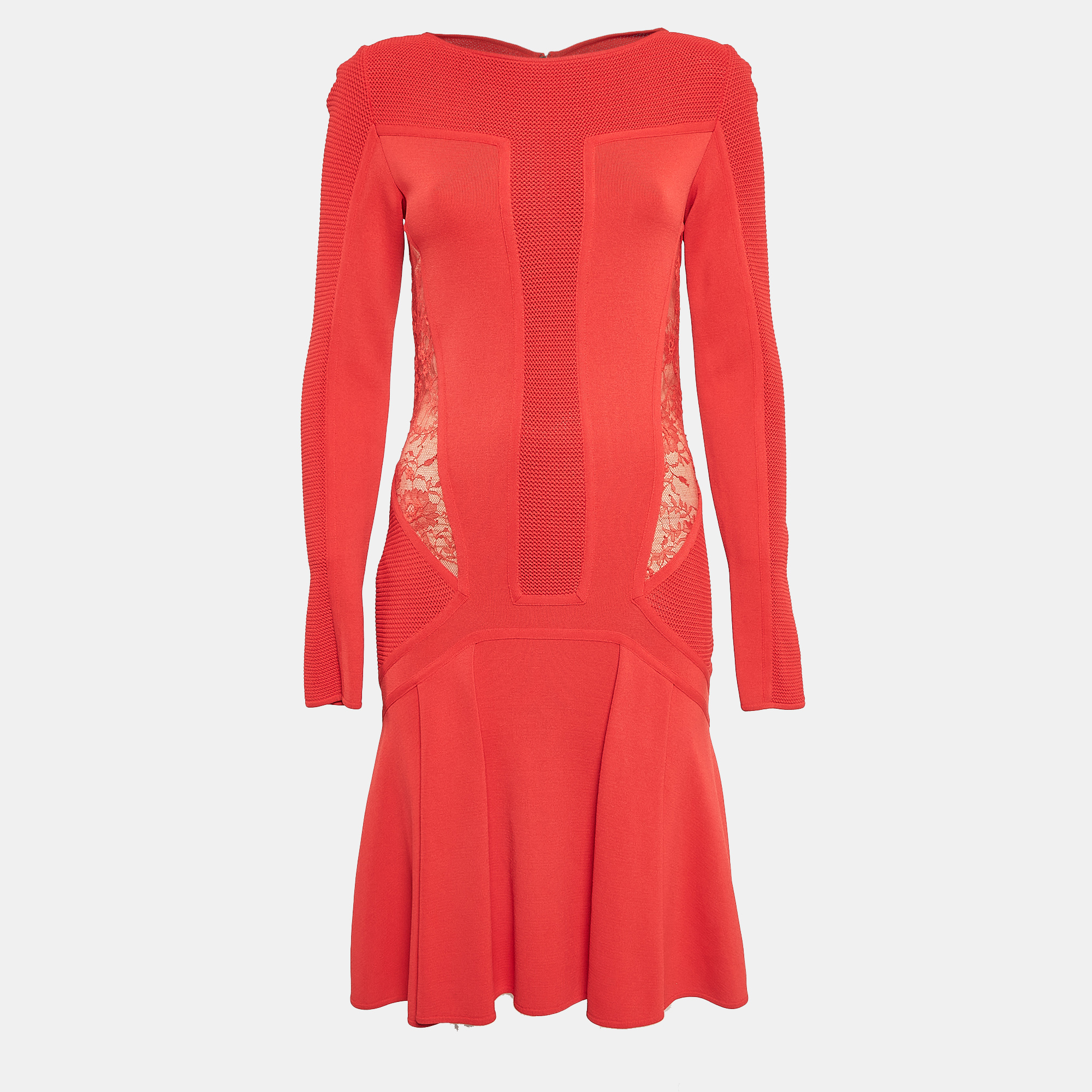 

Elie Saab Red Lace Trim Knit Flared Midi Dress S