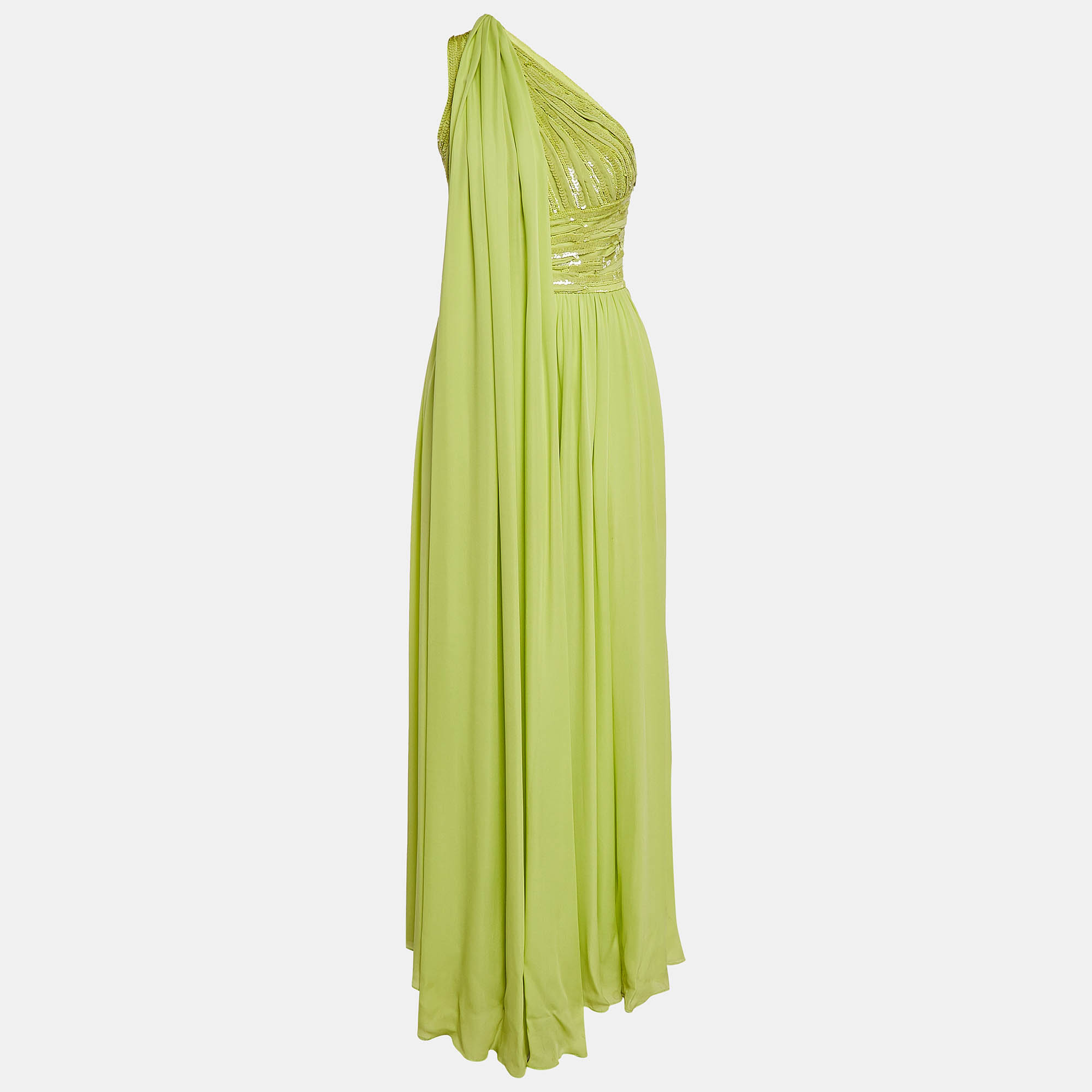 

Elie Saab Green Sequin One Shoulder Maxi Dress S