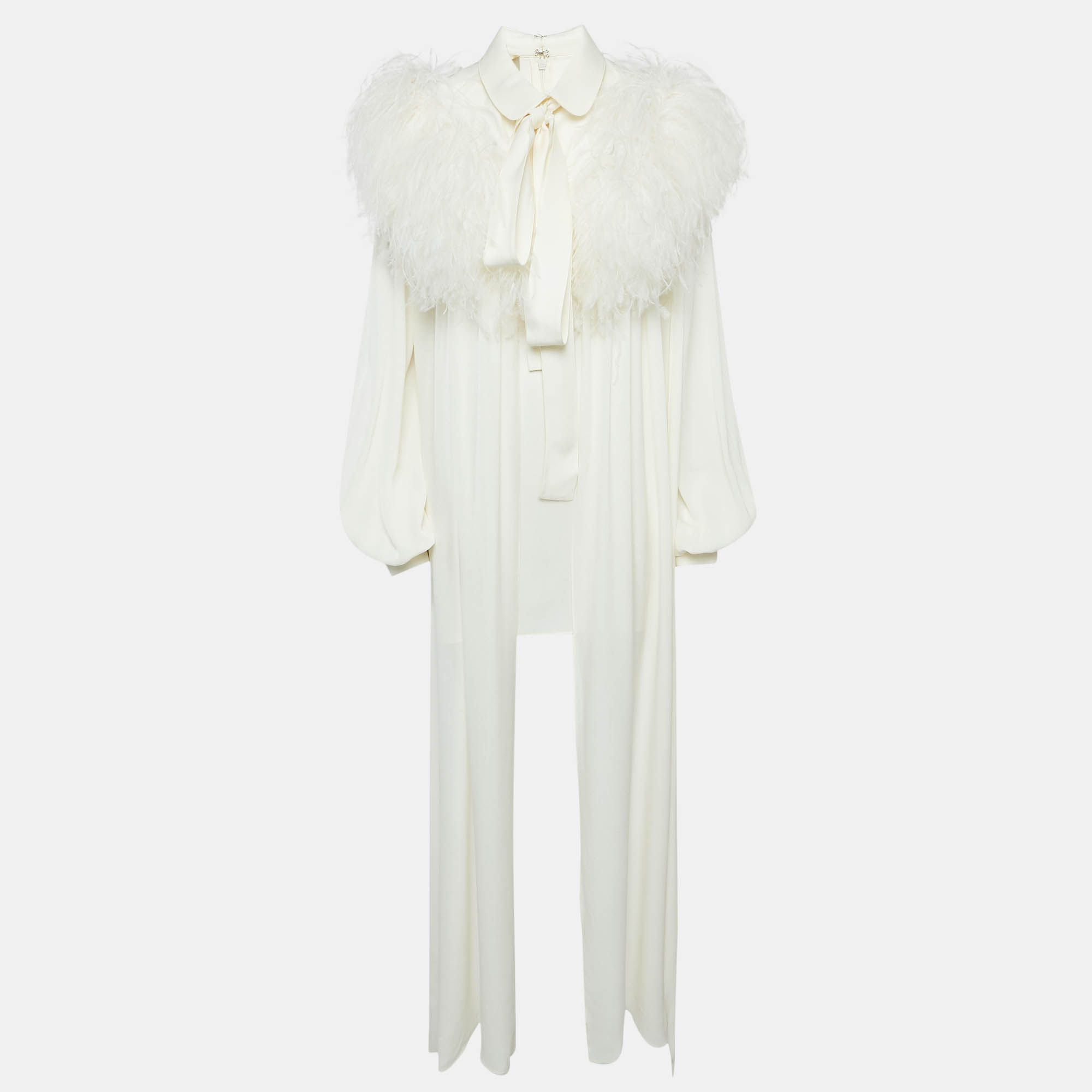 

Elie Saab Ivory Ostrich Feather Trim Silk Tunic Top L, White