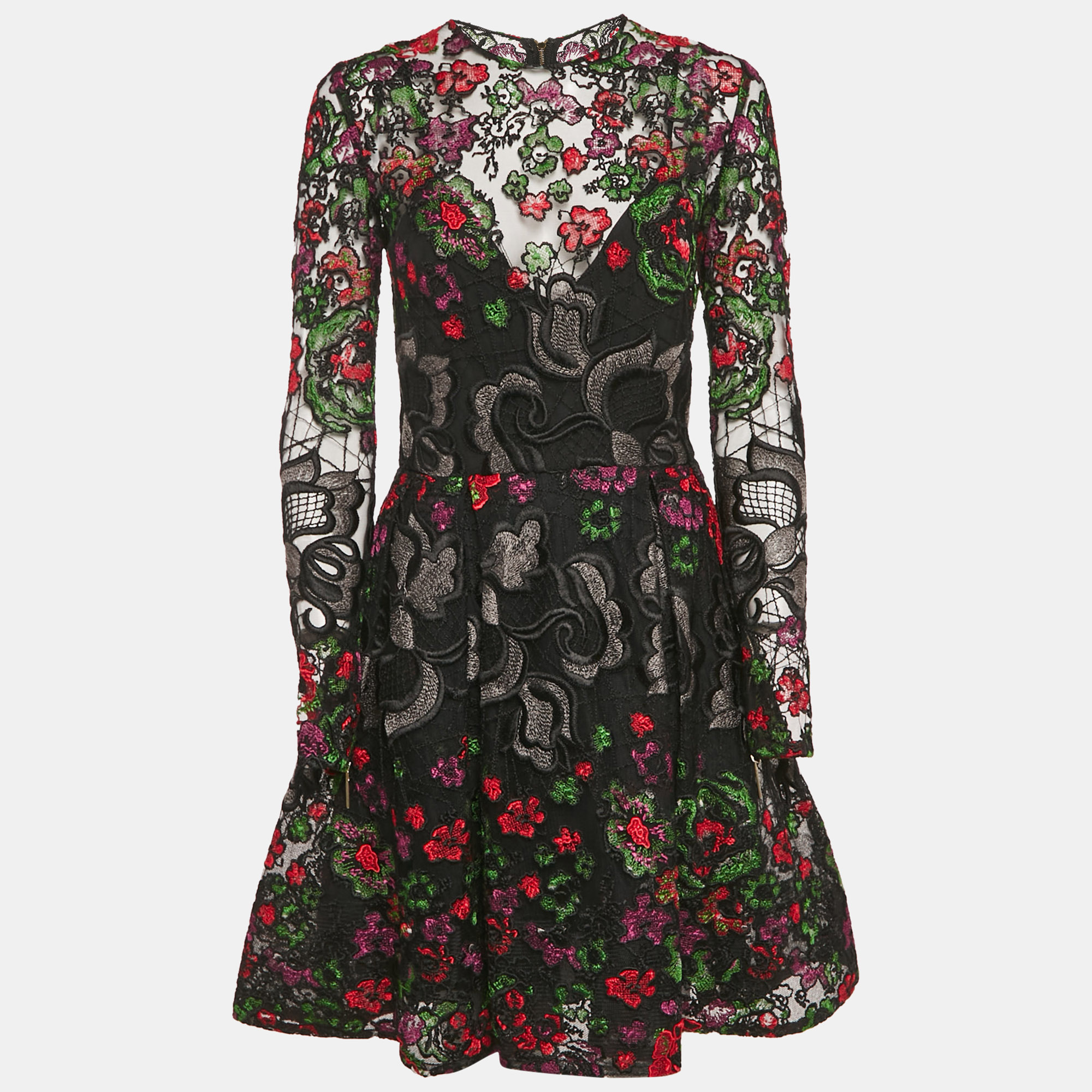 

Elie Saab Black Floral Embroidered Tulle Flared Short Dress S