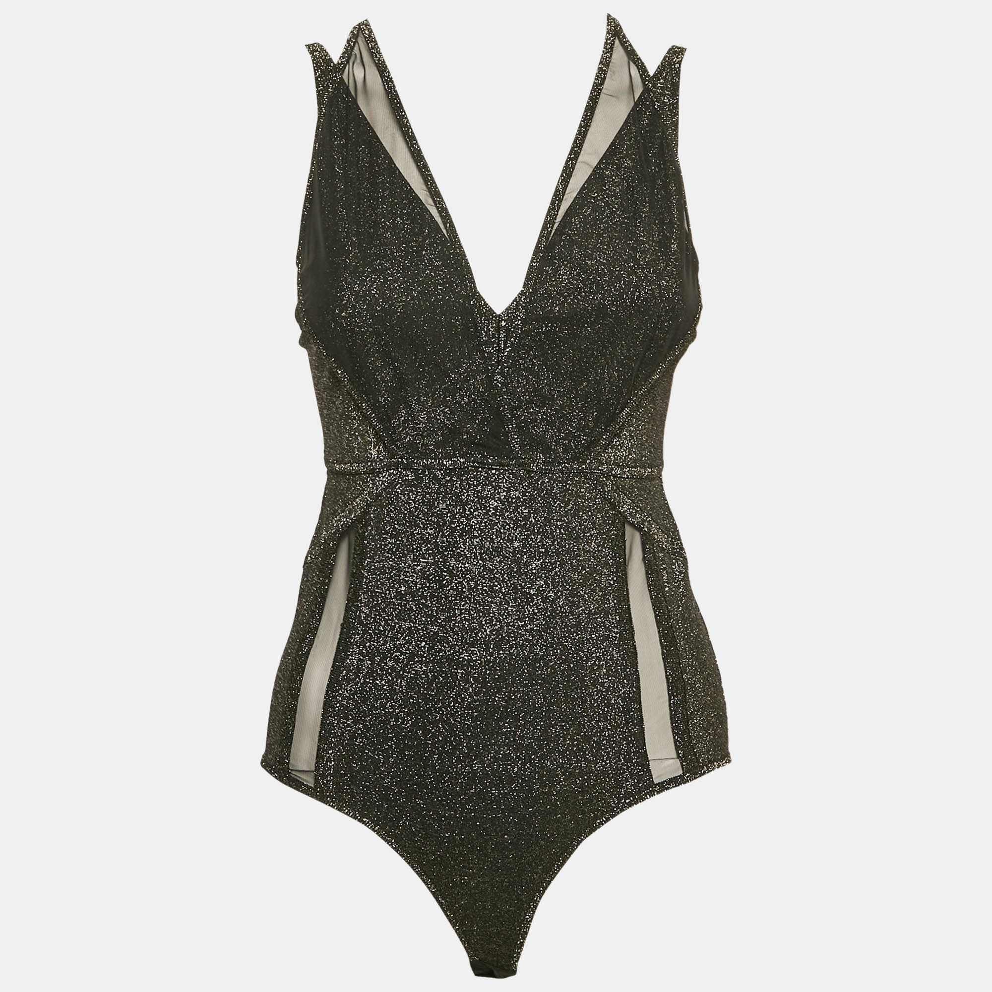 

Elie Saab Black Lurex Jersey and Tulle Trim Bodysuit S