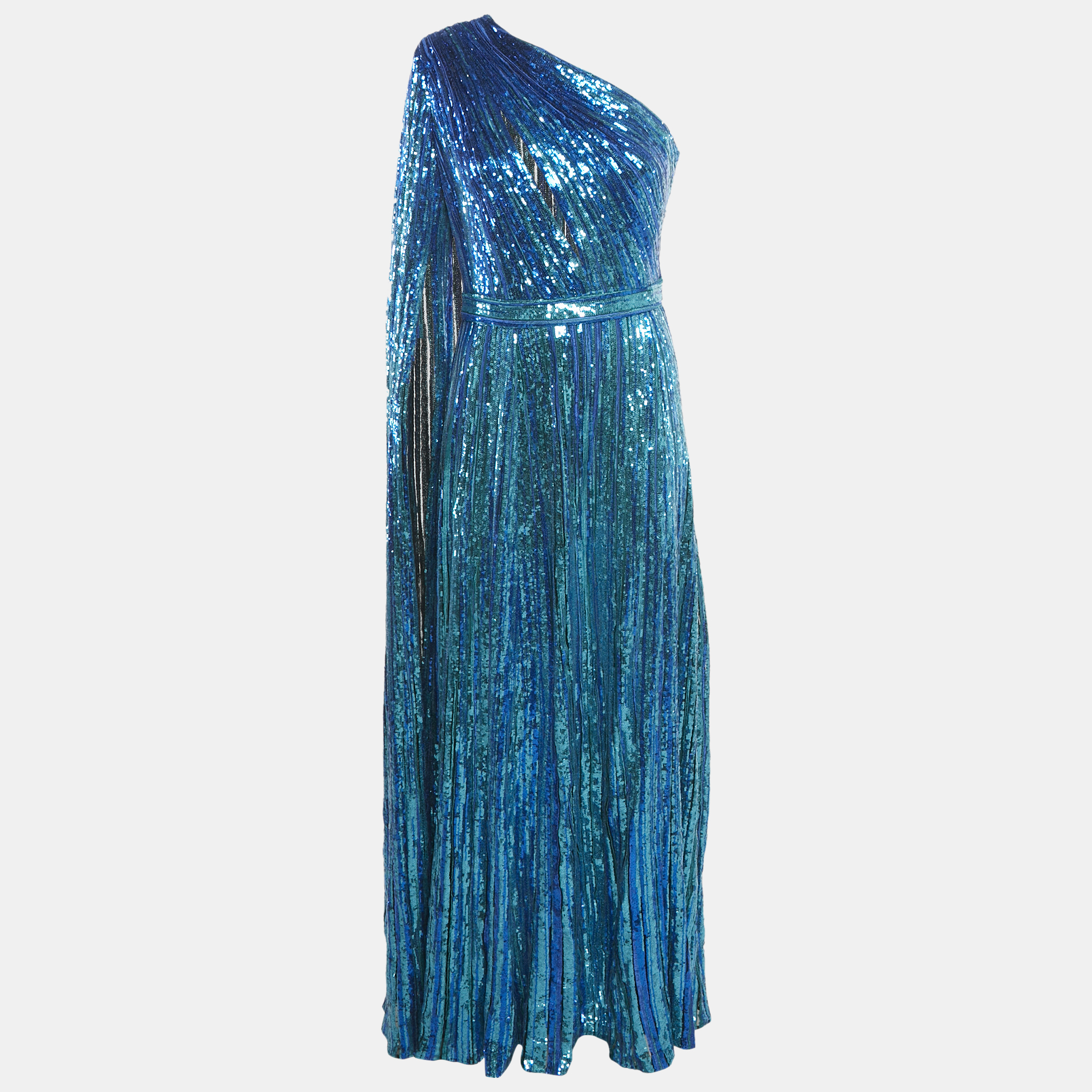 

Elie Saab Blue Sequin Embroidered Tulle One Shoulder Gown S