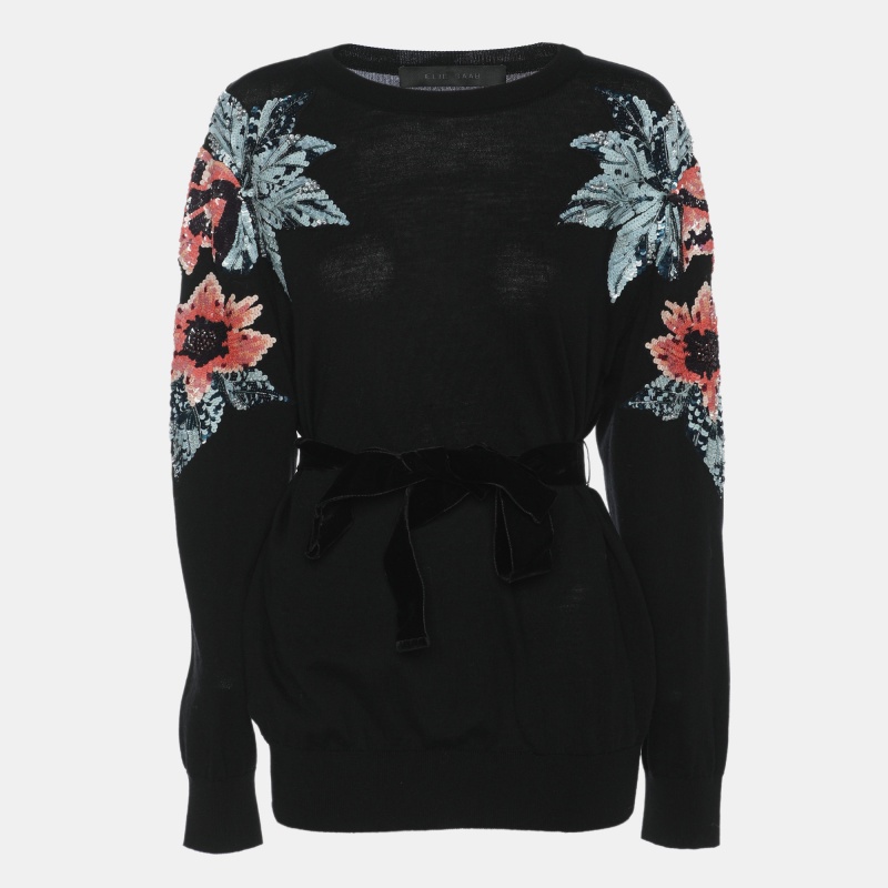 

Elie Saab Black Wool Knot Floral Embellished Sweater XS