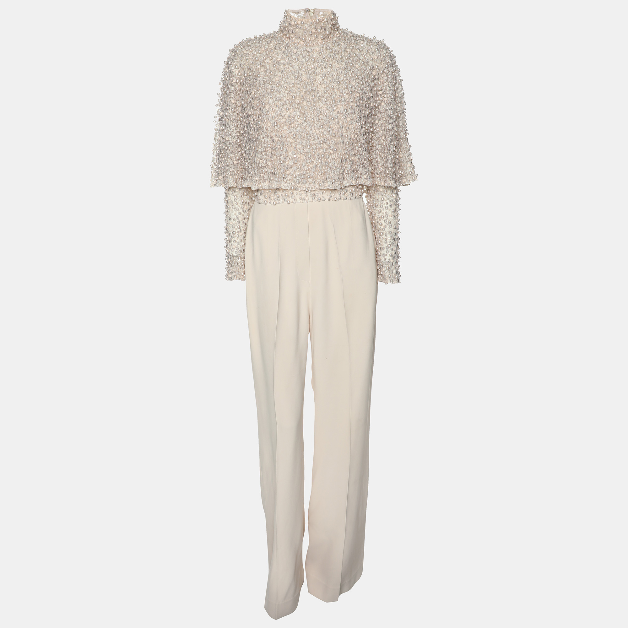

Elie Saab Light Beige Crepe and Lace Pearl Embellished Jumpsuit S, Pink