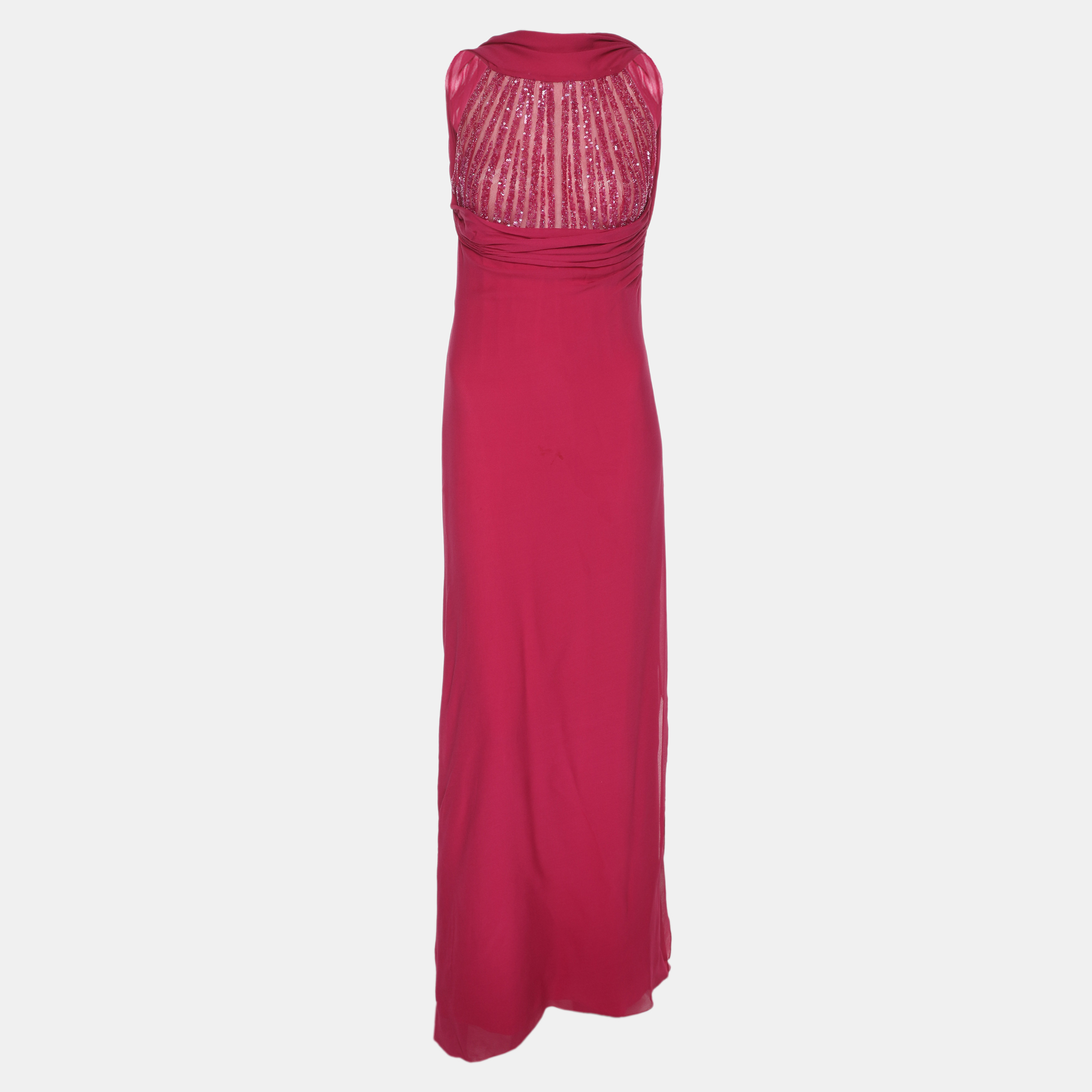 

Elie Saab Pink Crepe Pleated Halter Neck Maxi Dress S