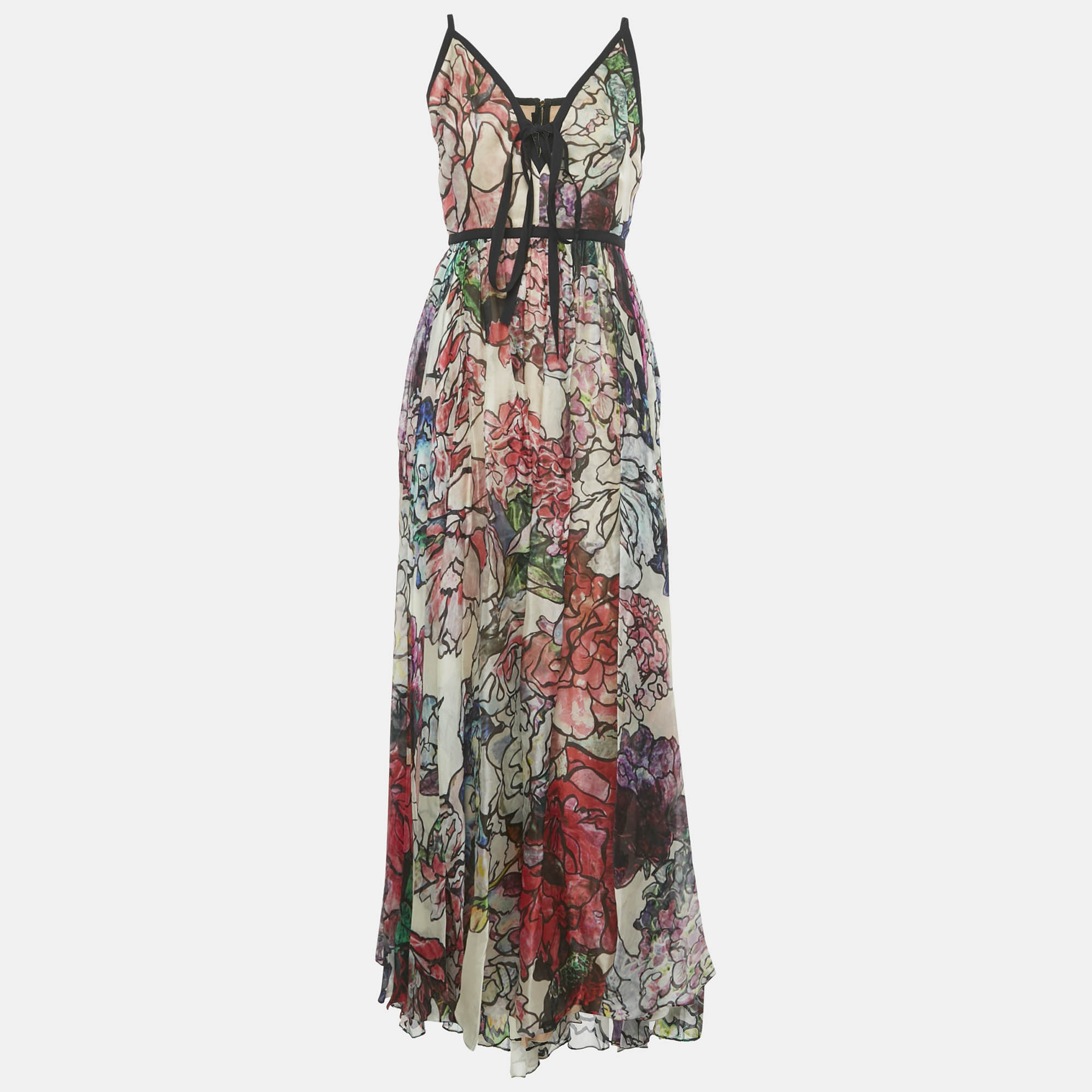 Pre-owned Elie Saab Multicolor Floral Print Organza Silk Runway Gown M In Red