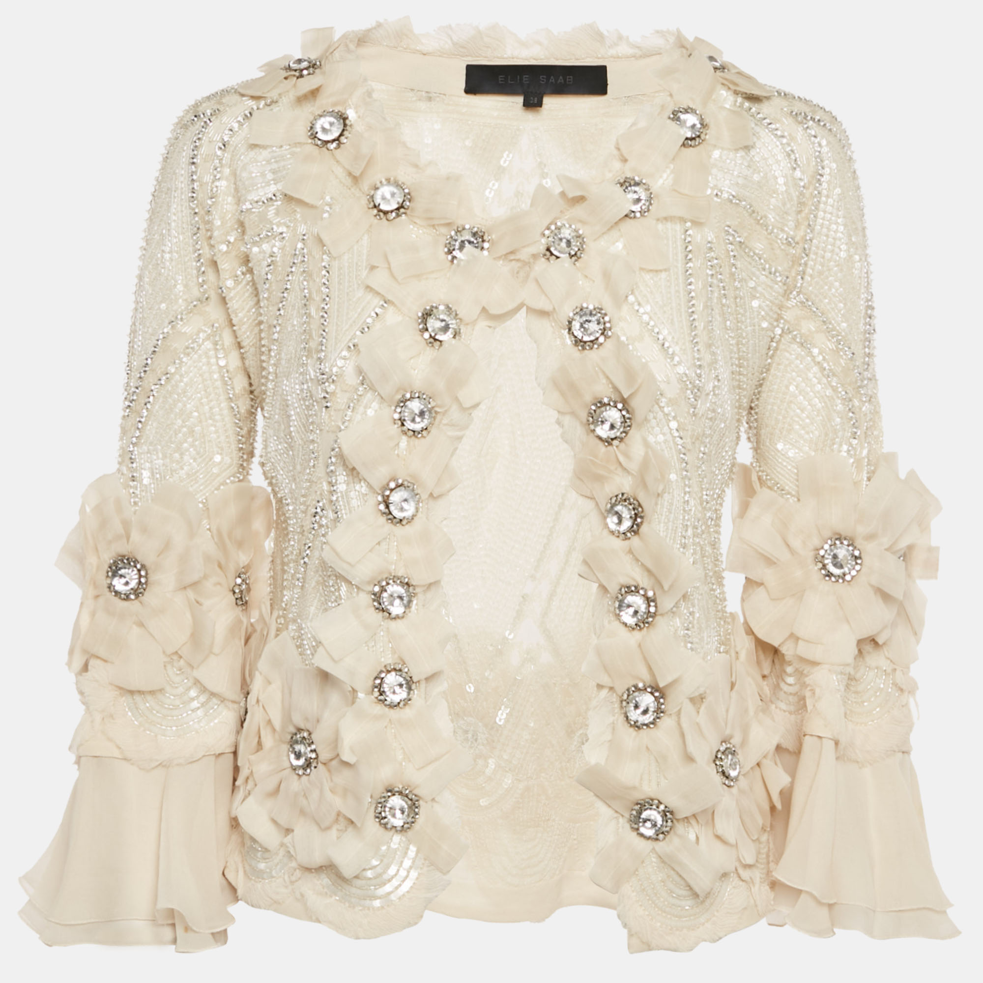Pre-owned Elie Saab Cream Embellished Silk Ruffled Open Front Jacket S In White