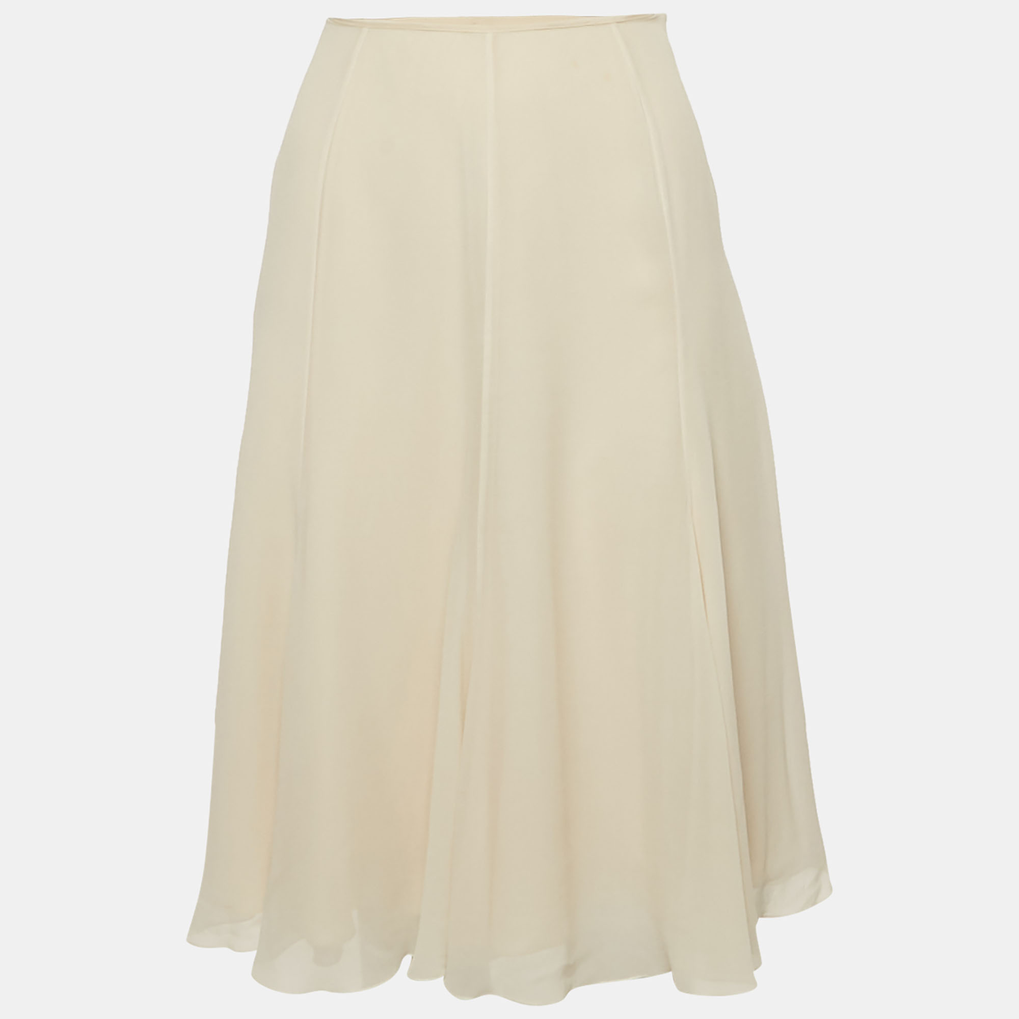 Pre-owned Elie Saab Beige Silk Flared Knee Length Skirt S