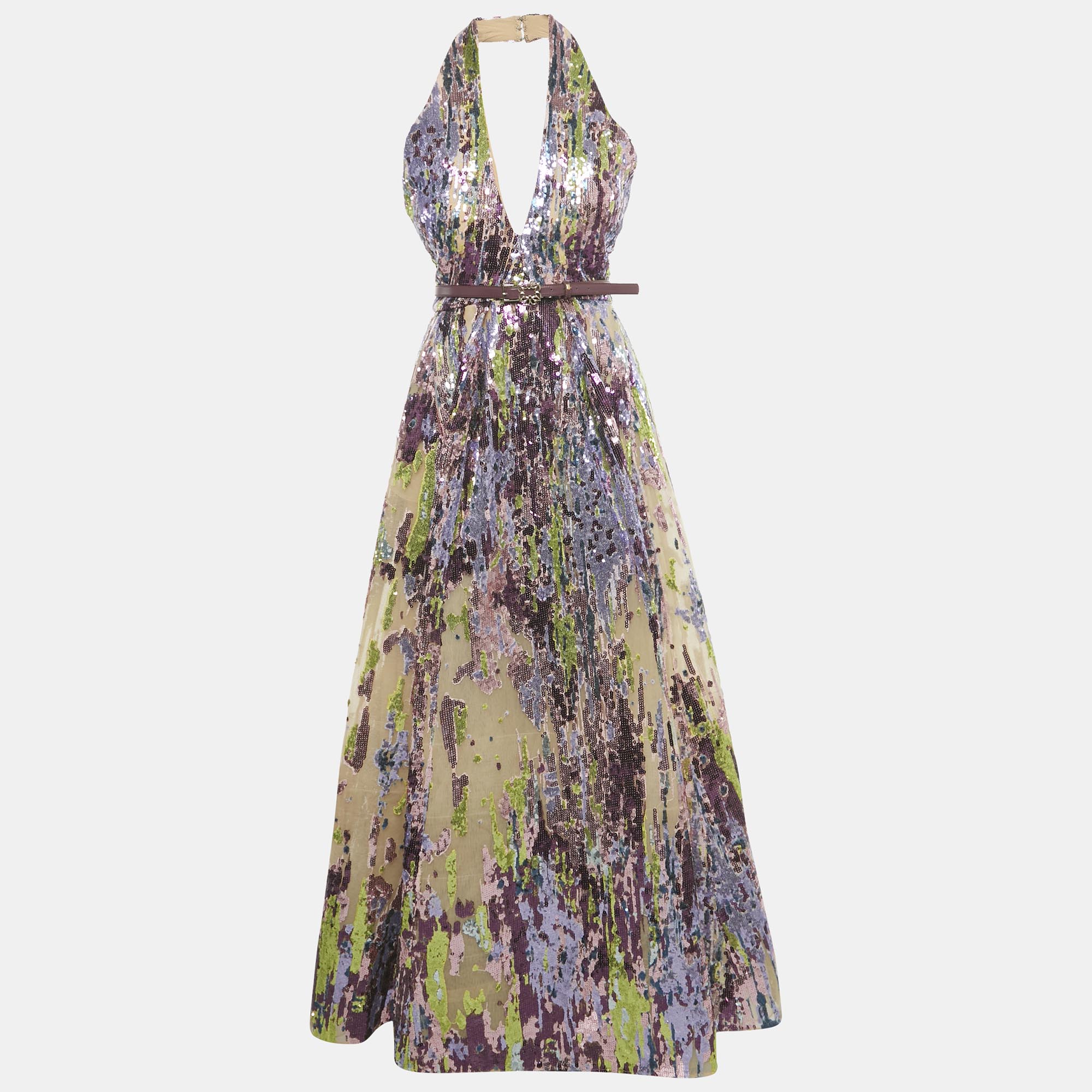 

Elie Saab Purple Sequin Halter Neck Belted Gown M