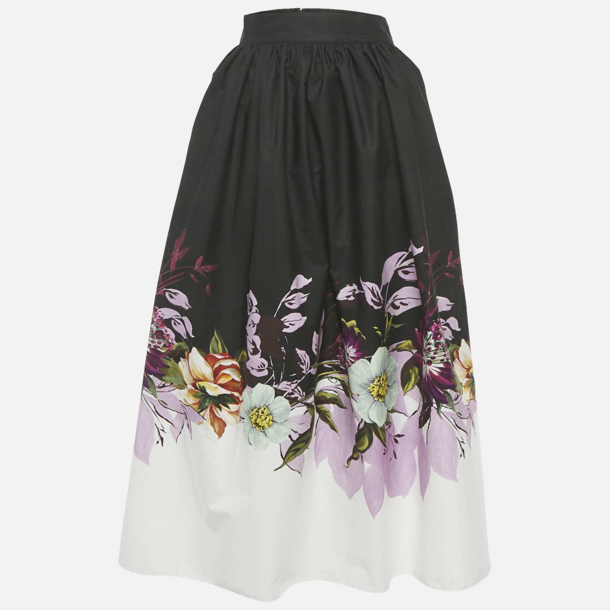 Pre-owned Elie Saab Black Floral Print Poplin Gathered Midi Skirt M