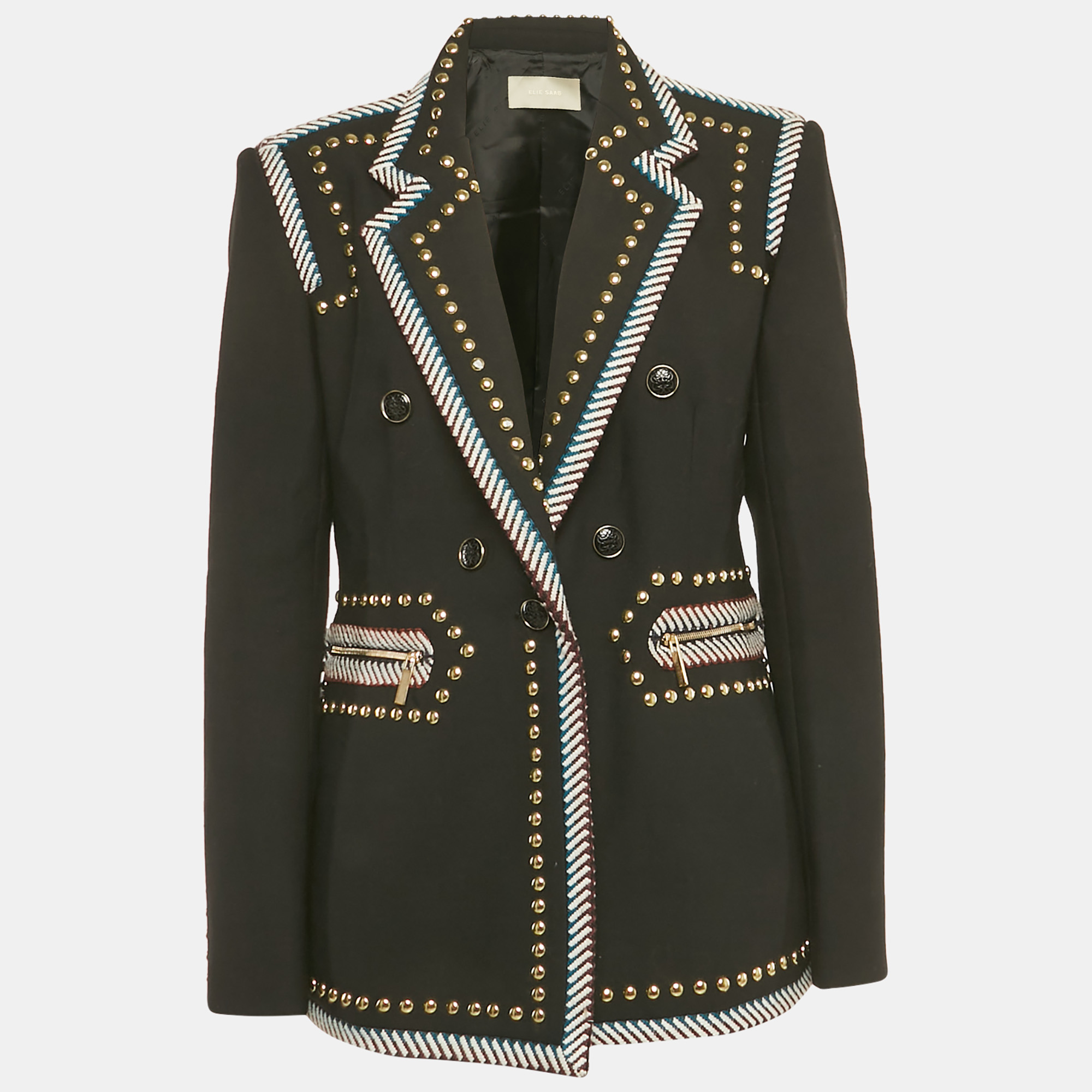 

Elie Saab Black Studded Contrast Trim Crepe Blend Blazer L