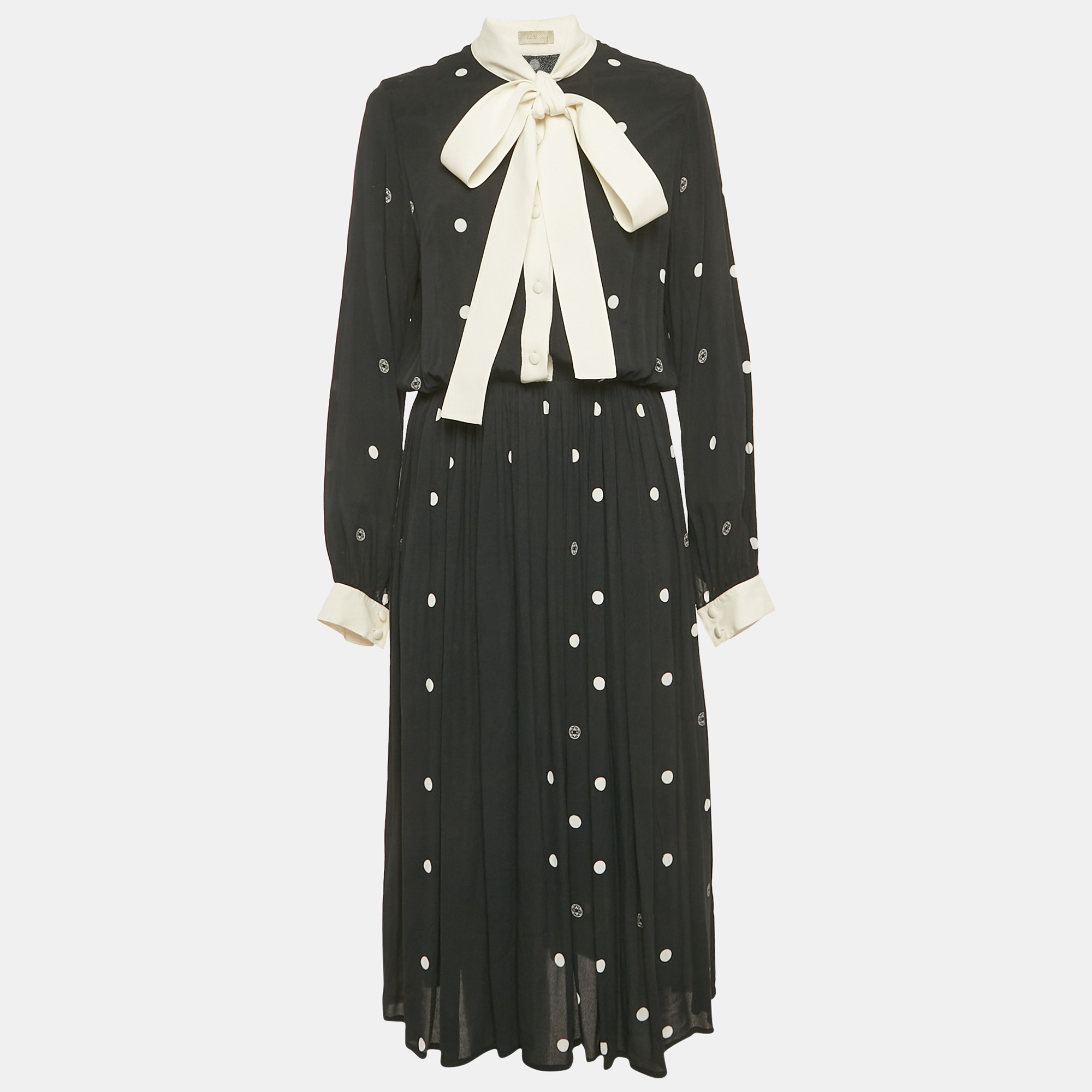 Pre-owned Elie Saab Black Polka Dot Crepe Midi Dress M