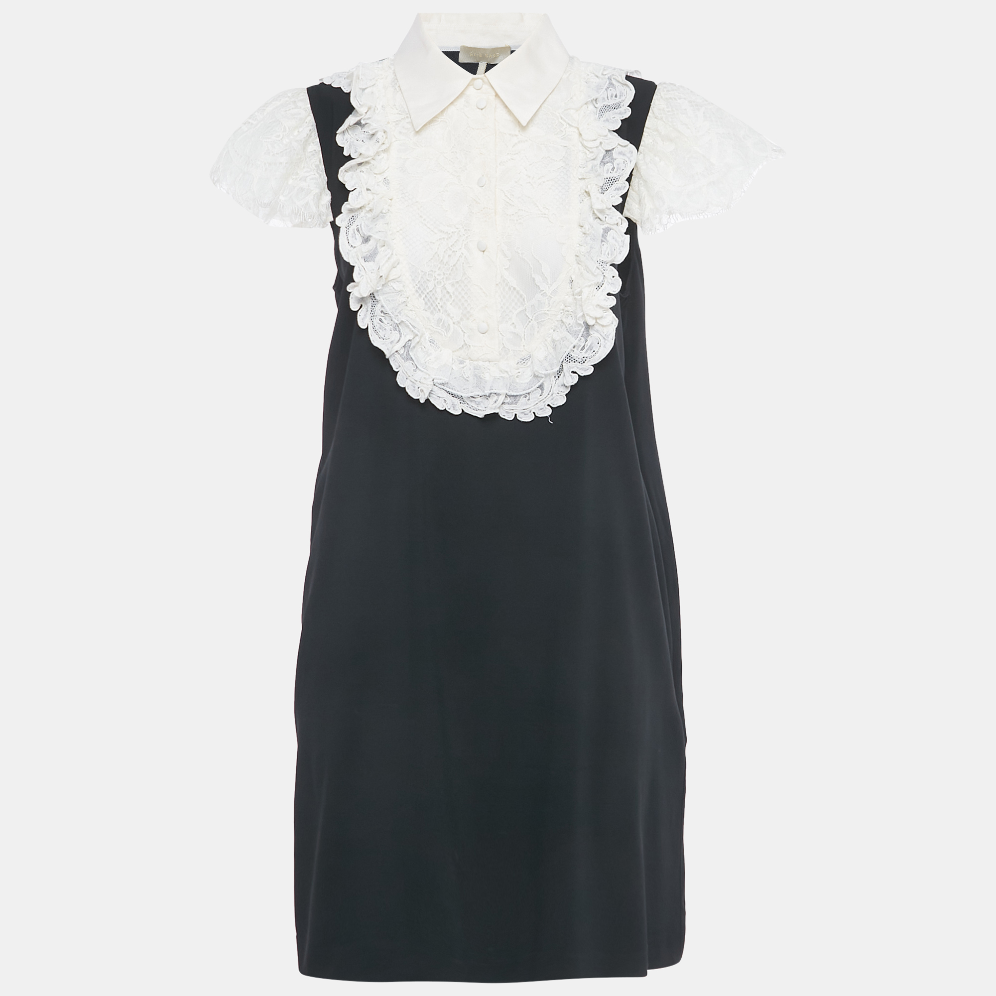 Pre-owned Elie Saab Black/white Lace Trim Crepe Mini Dress M