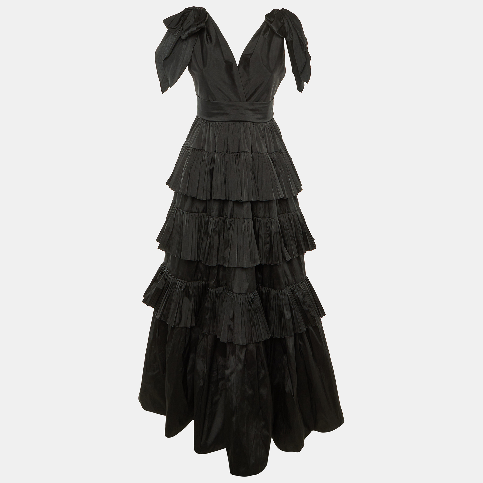Pre-owned Elie Saab Black Satin Tiered Ruffle Bow Tie Strap Gown M