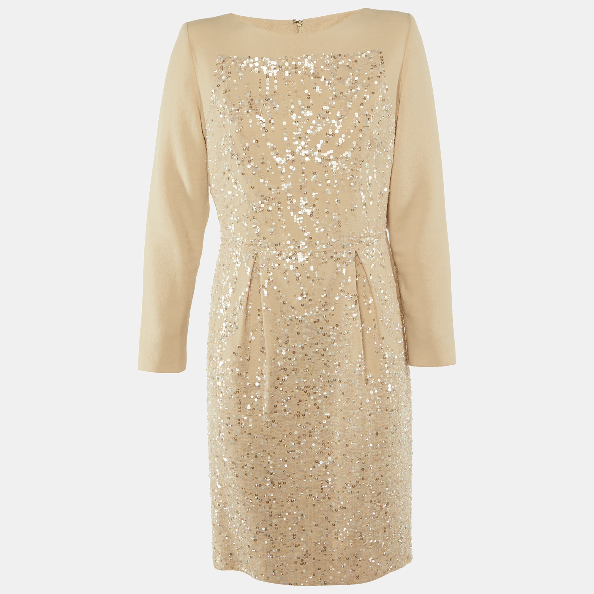 Pre-owned Elie Saab Beige Silk & Wool Embellished Knee Length Dress M In Sand