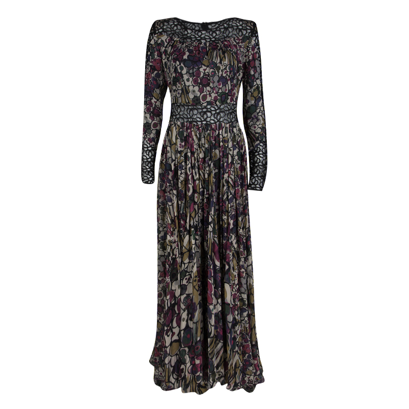 Elie Saab Floral Printed Silk Lace Insert Long Sleeve Maxi Dress M