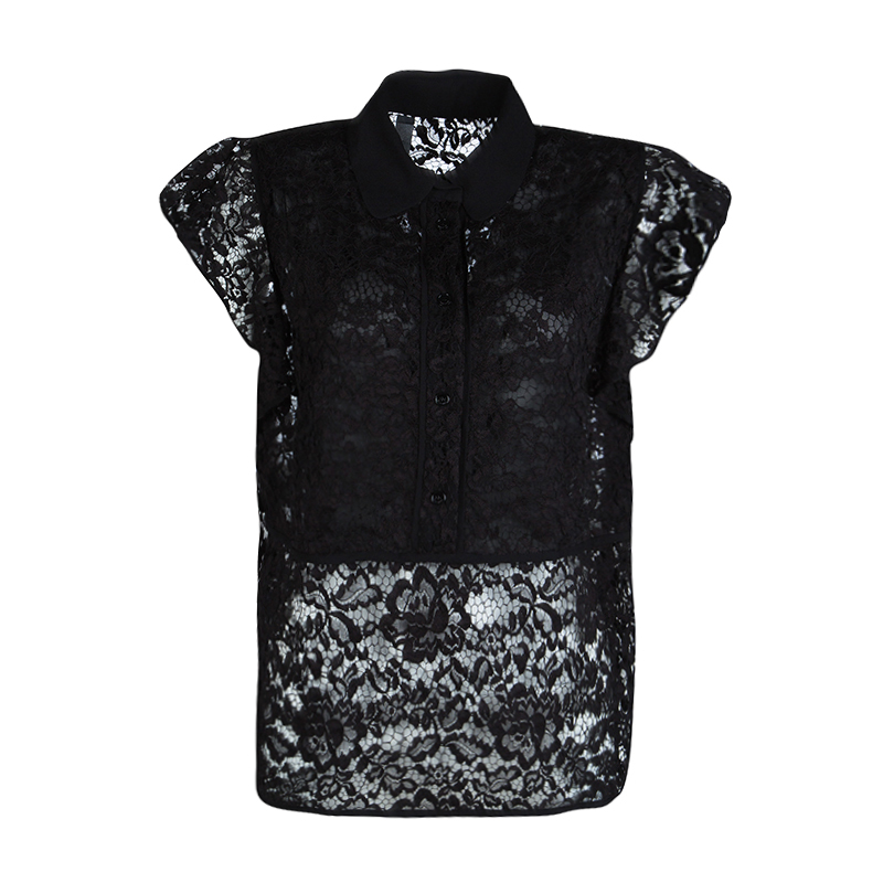 Elie Saab Black Floral Lace Ruffled Sleeve Detail Shirt M