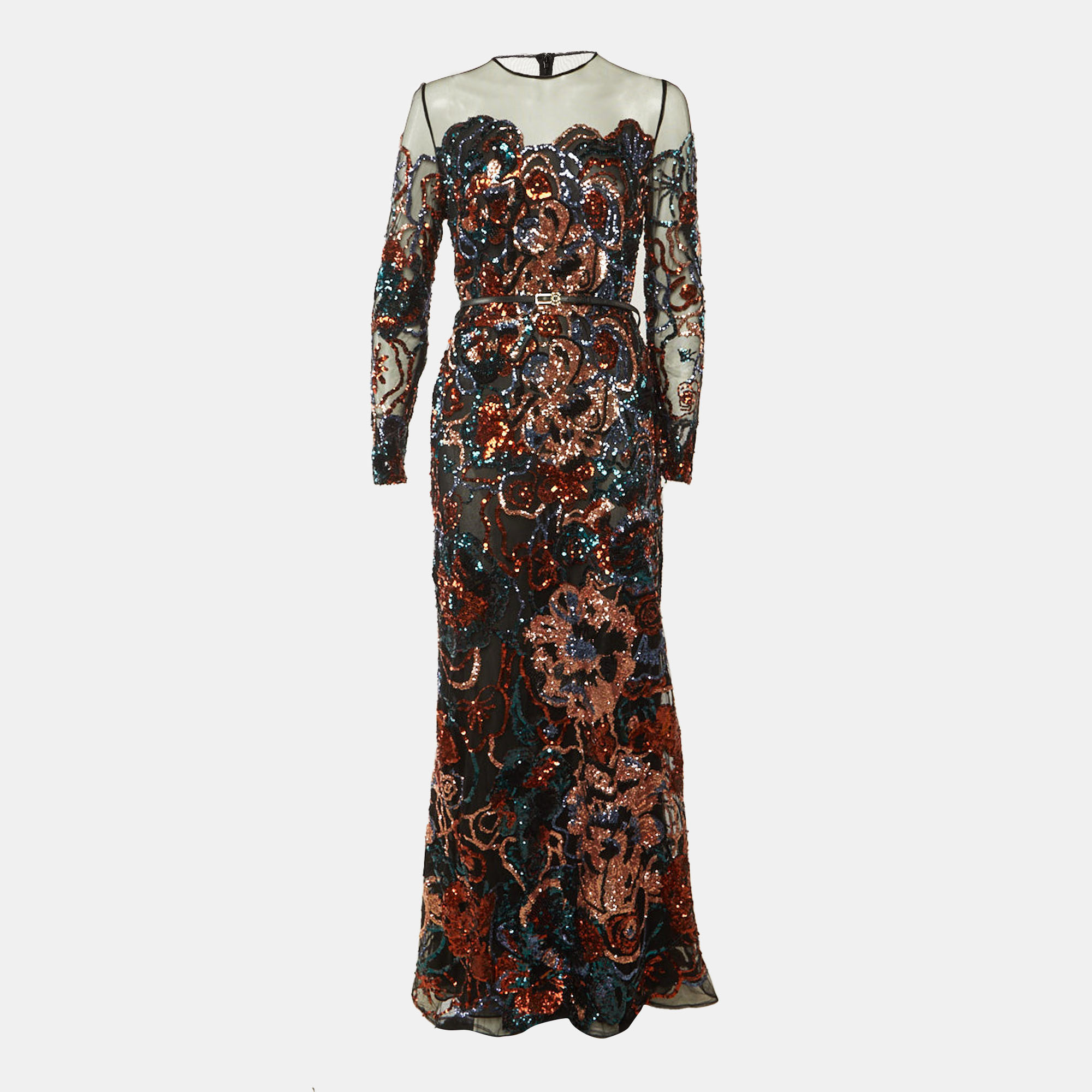 

Elie Saab Black Floral Sequin Tulle Embroidered Long Dress L