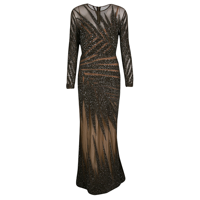 Pre Owned Elie Saab Dark Green Embellished Tulle Long Sleeve Gown S