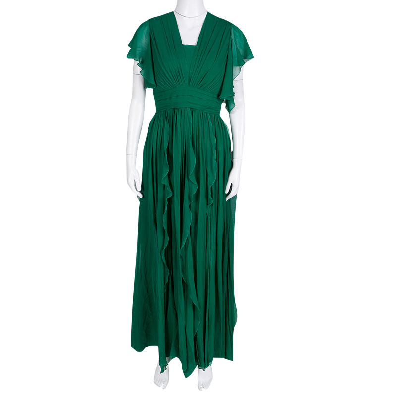 

Elie Saab Green Silk Chiffon Flutter Sleeve Gathered Evening Gown