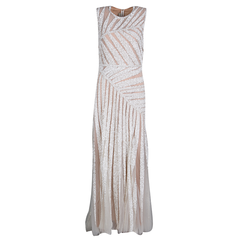 Elie Saab Ivory Palm Leaf Pattern Embellished Sleeveless Tulle Gown S