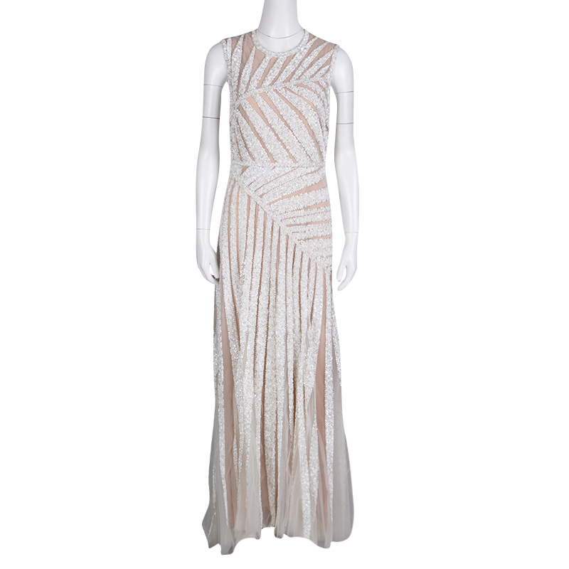 

Elie Saab Ivory Palm Leaf Pattern Embellished Sleeveless Tulle Gown, White