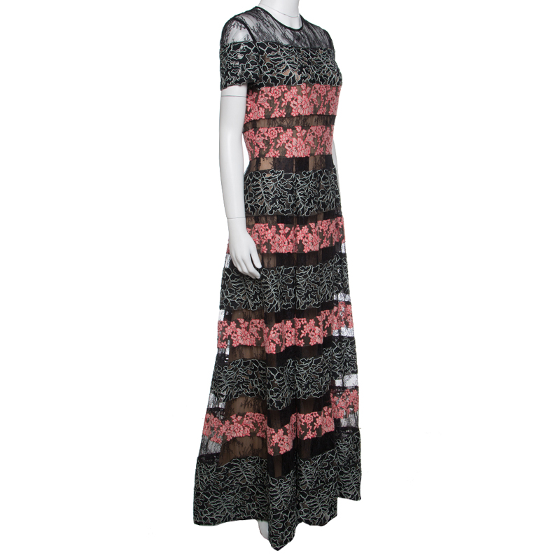 

Elie Saab Black and Salmon Pink Paneled Floral Embroidered Tulle Gown