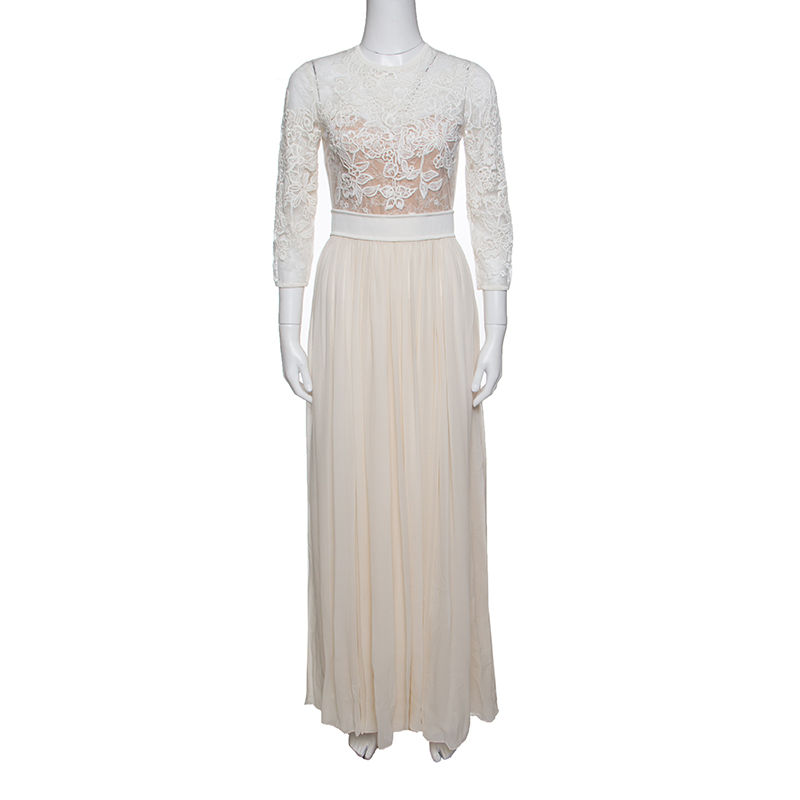 Pre Owned Elie Saab Cream Floral Embroidered Lace Silk Chiffon Gown S