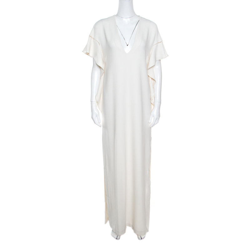 Pre Owned Elie Saab Off White Ladder Lace Ruffled Sleeve Slit Detail Dress S